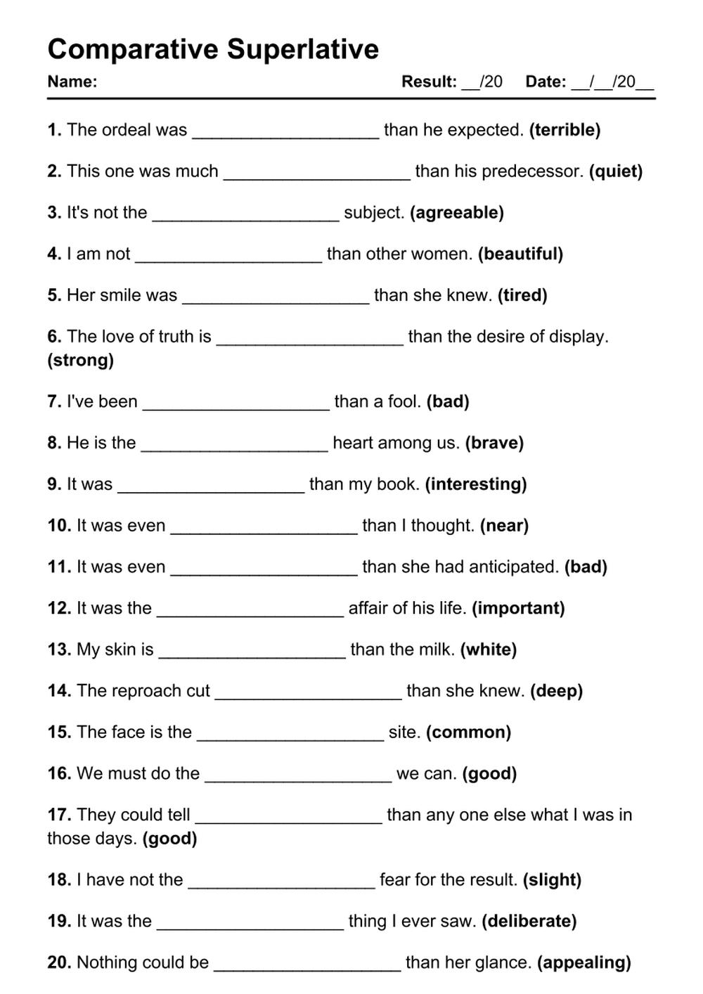 Comparative And Superlative Adjectives Write The Comparative And Superlative Forms Of The Adjectives Printable Grammar Worksheet PDF Ezpzlearn