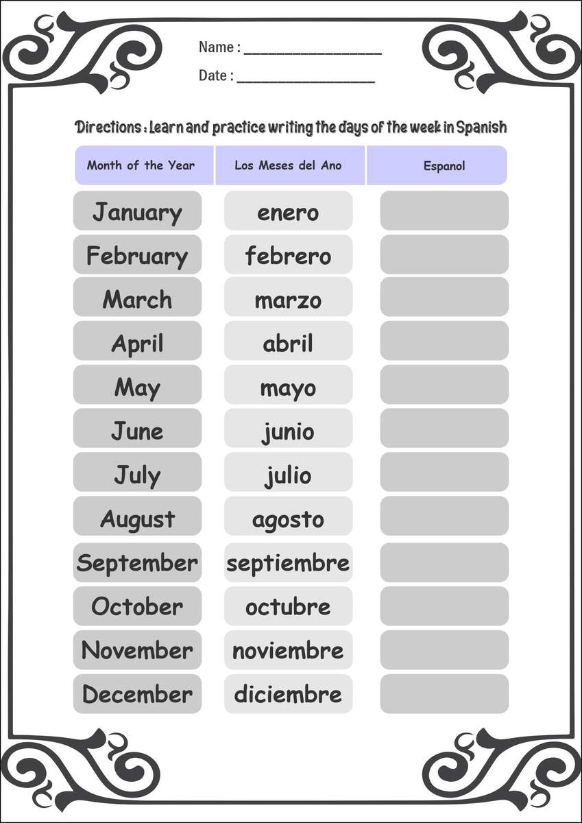 Spanish Months Days Numbers Shapes Colors Seasons Worksheet WordMint