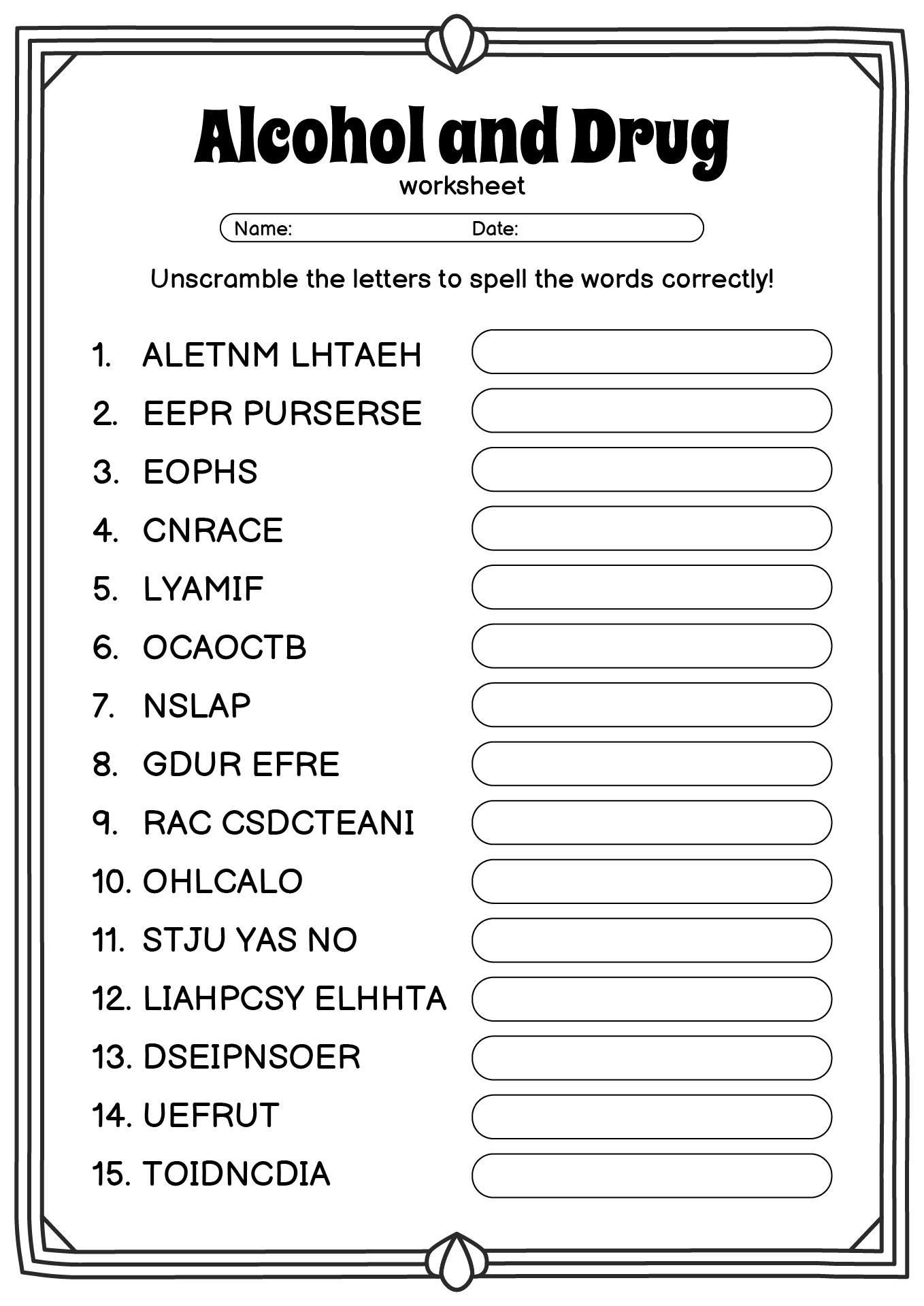 Drugs And Alcohol Worksheet WordMint