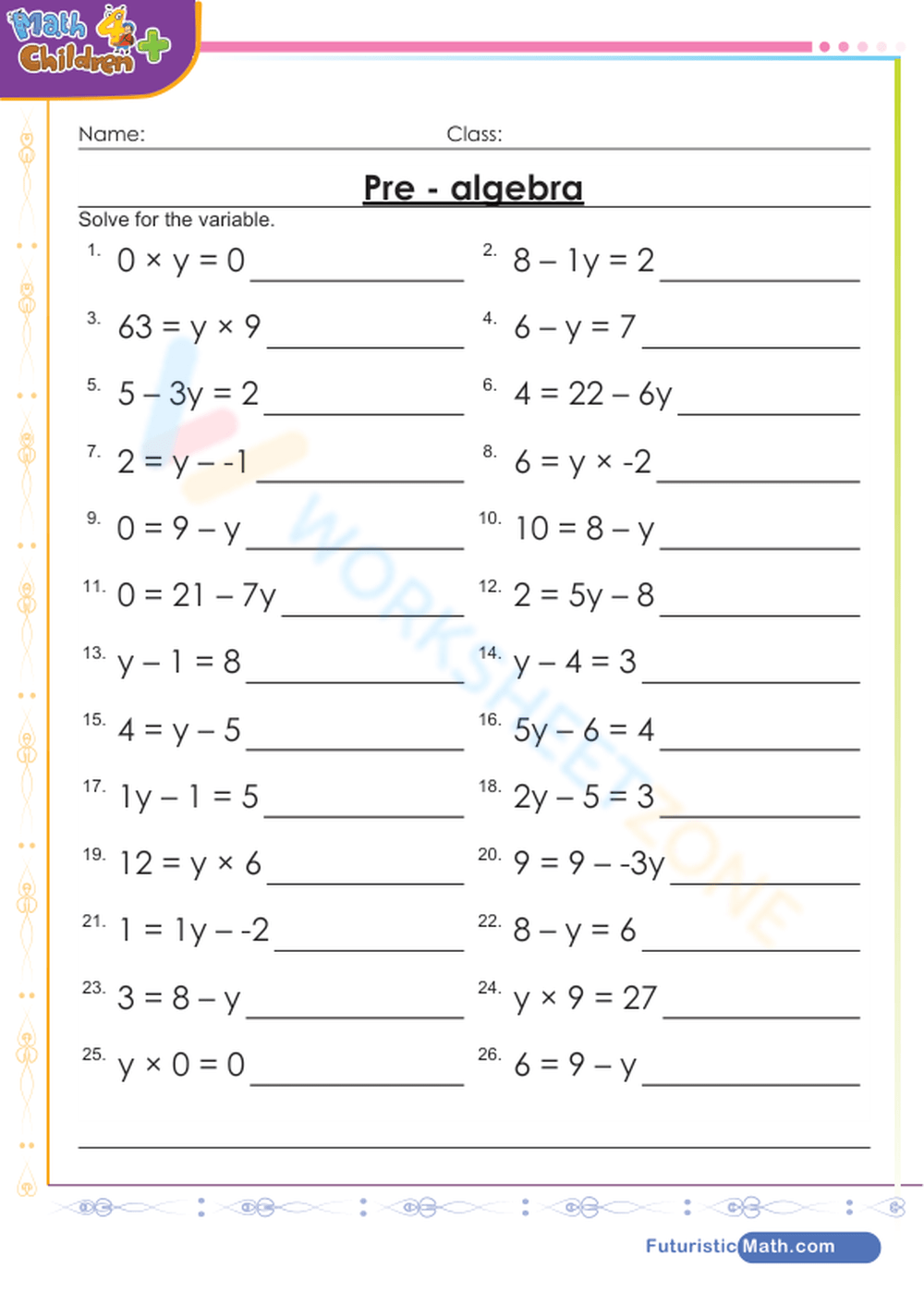 Free Worksheets For Linear Equations Grades 6 9 Pre Algebra Algebra 1