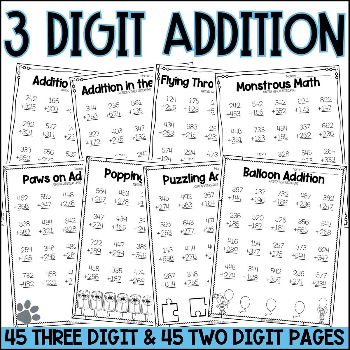 2 And 3 Digit Addition And Subtraction Worksheets BUNDLE The Mountain Teacher