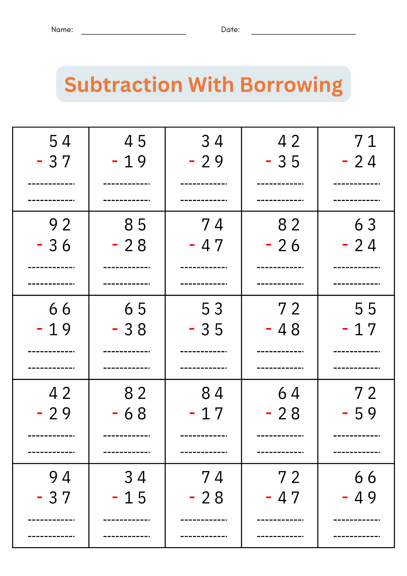 2 Digit Subtraction With Regrouping Number Math Worksheets For Grade 1 2 3 Made By Teachers Double Digit Subtraction Worksheet Regrouping Practice PDF Etsy