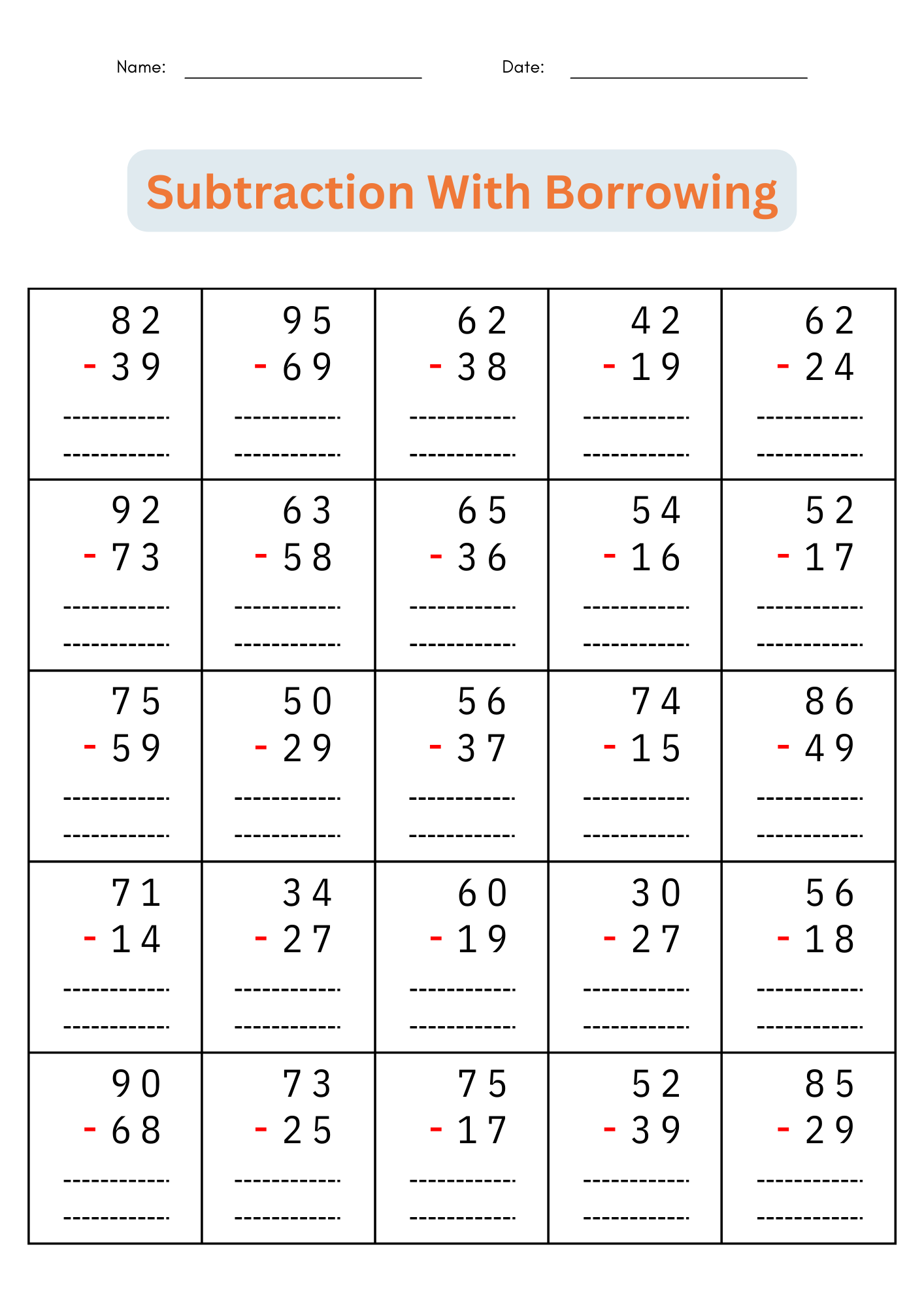 2 Digit Subtraction With Regrouping Number Math Worksheets For Grade 1 2 3 Made By Teachers Two Digit Subtraction Worksheets Printable Math Drills Free Printables Lettering SVG Files Tools Apps
