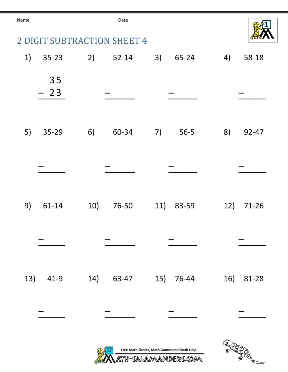 2 Digit Subtraction Worksheets