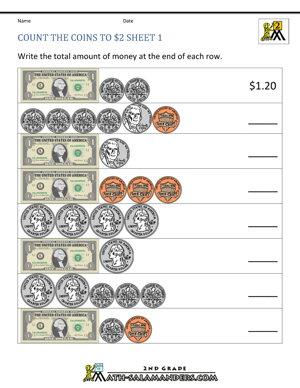 2nd Grade Money Worksheets Up To 2 Money Worksheets For 2nd Grade