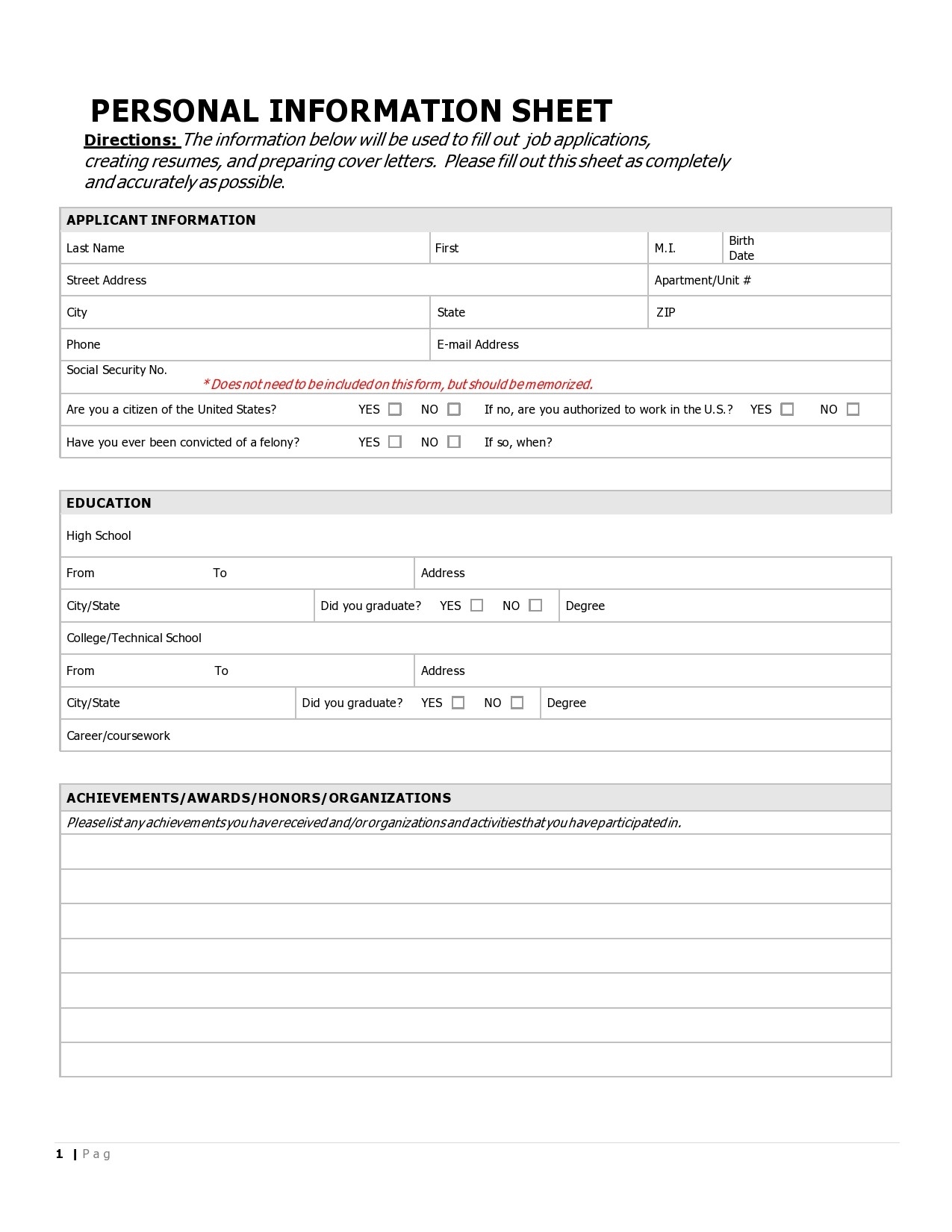 Download Printable Personal Information For Adult Template PDF
