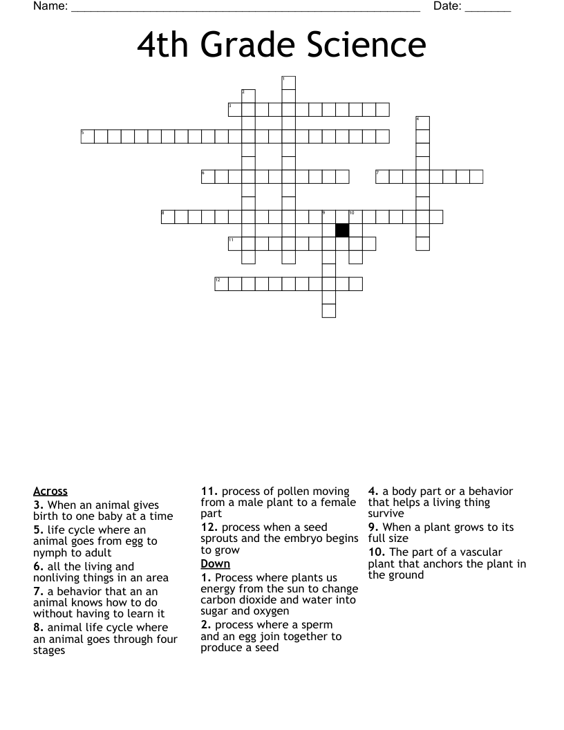 4th Grade Science Crossword WordMint