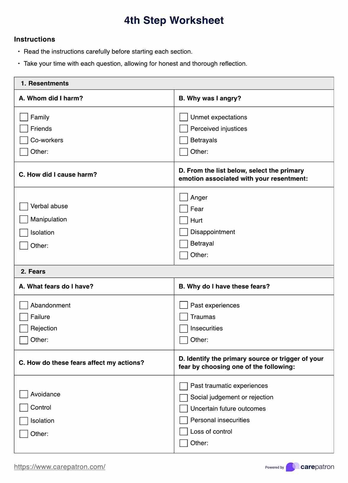 4th Step Worksheet AA Step 12 Worksheets