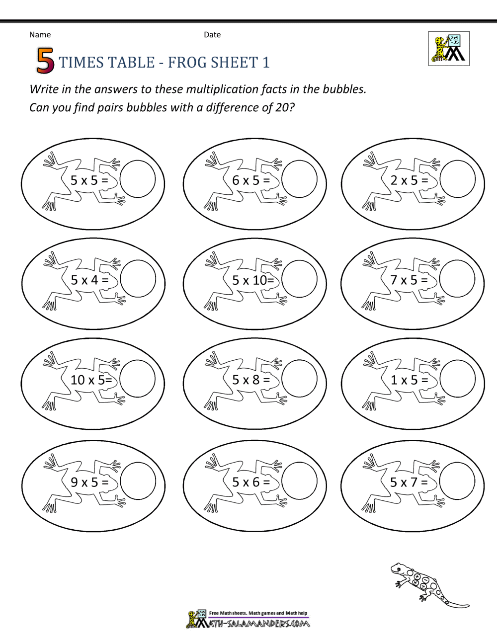 5 Times Table Worksheet Page