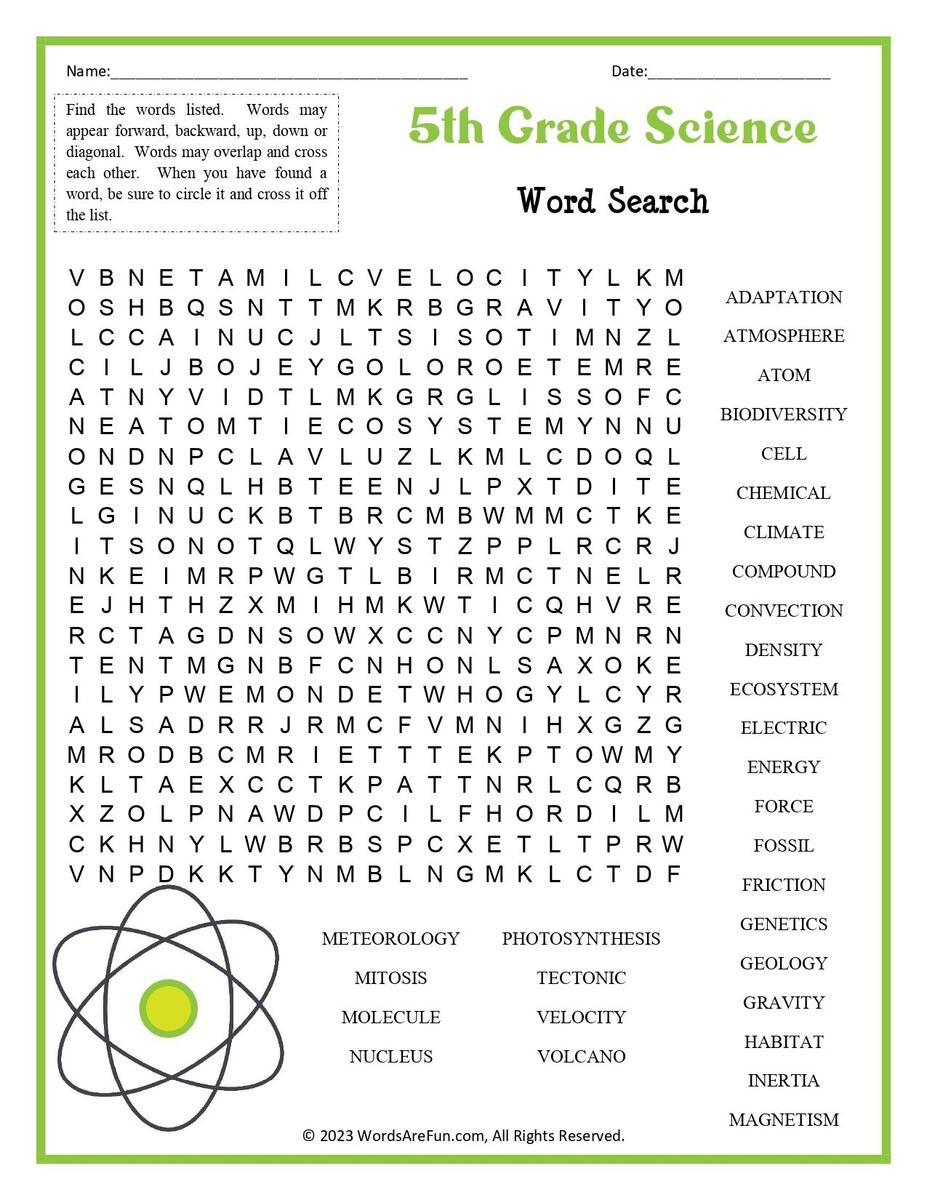 5th Grade Science Word Search