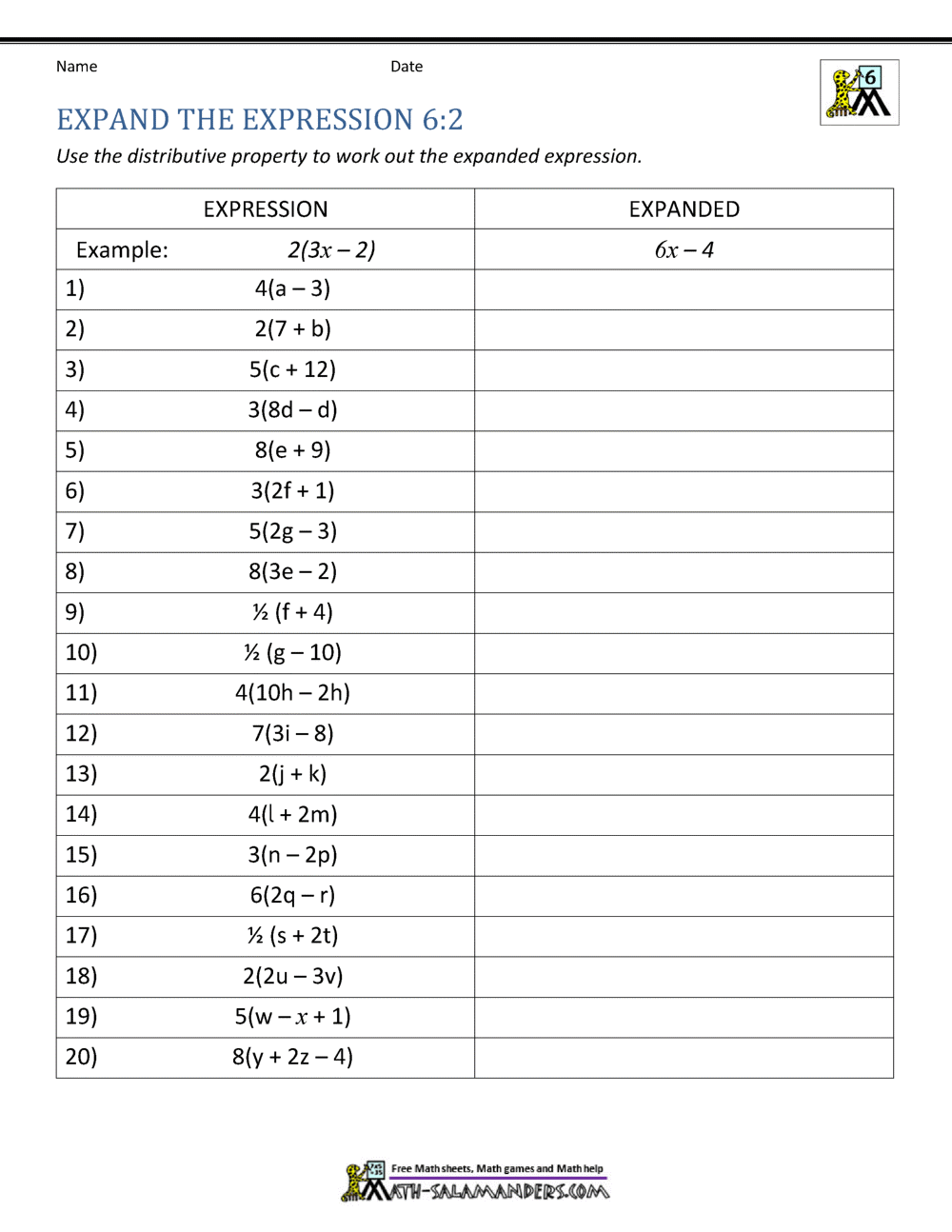 6th Grade Distributive Property Worksheets