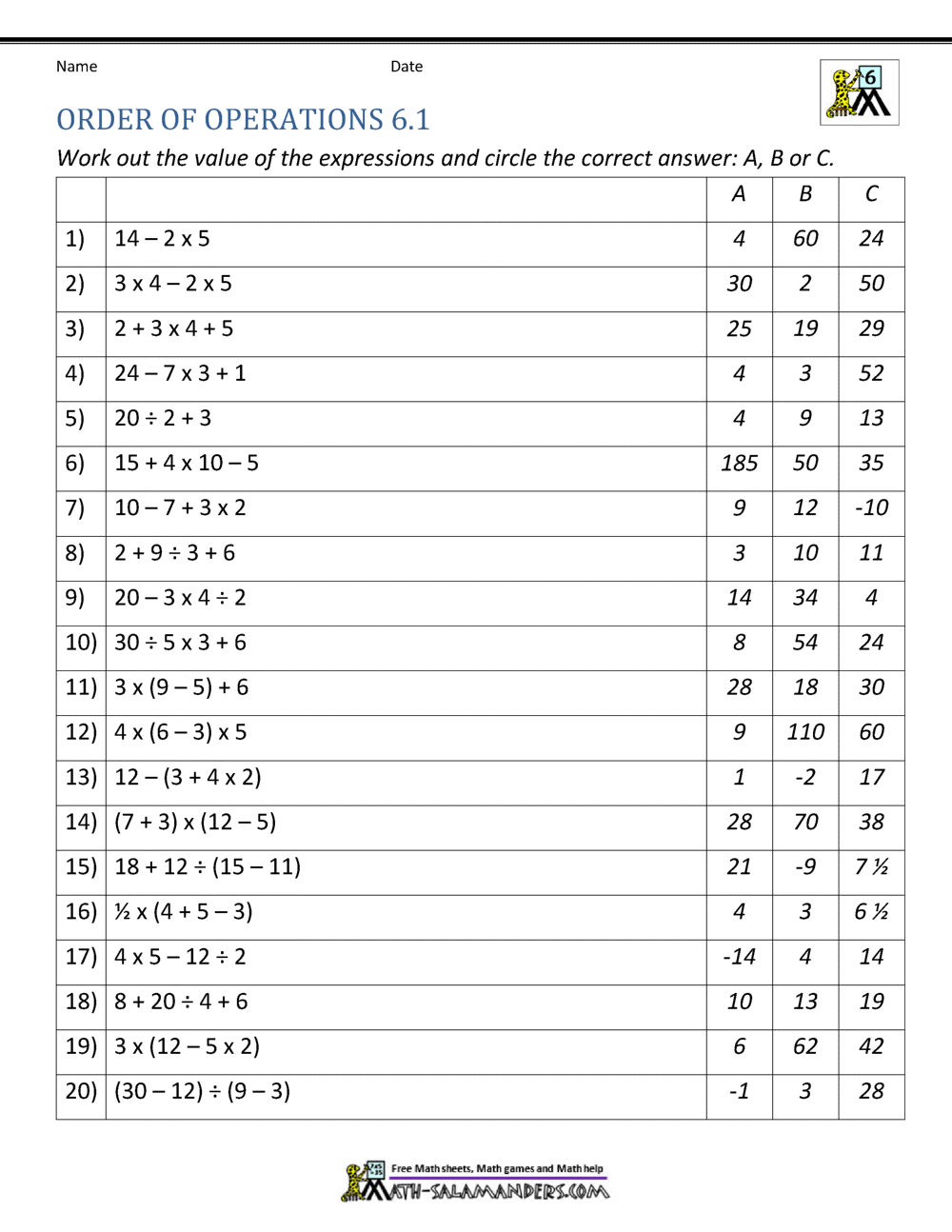 6th Grade Order Of Operations Worksheets 6th Grade Order Of Operations Worksheets