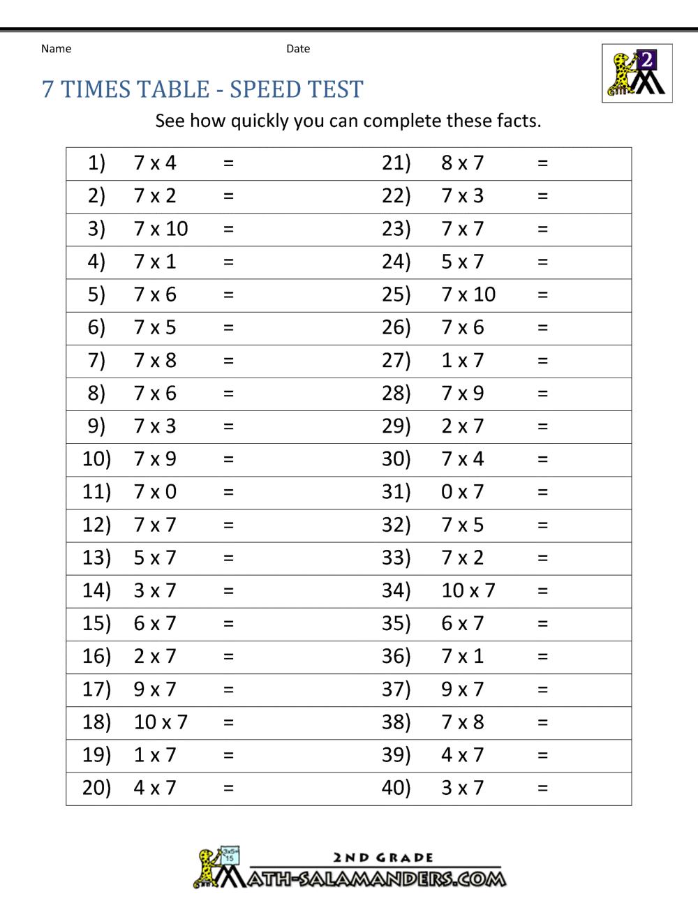 7 Times Table Worksheet Page