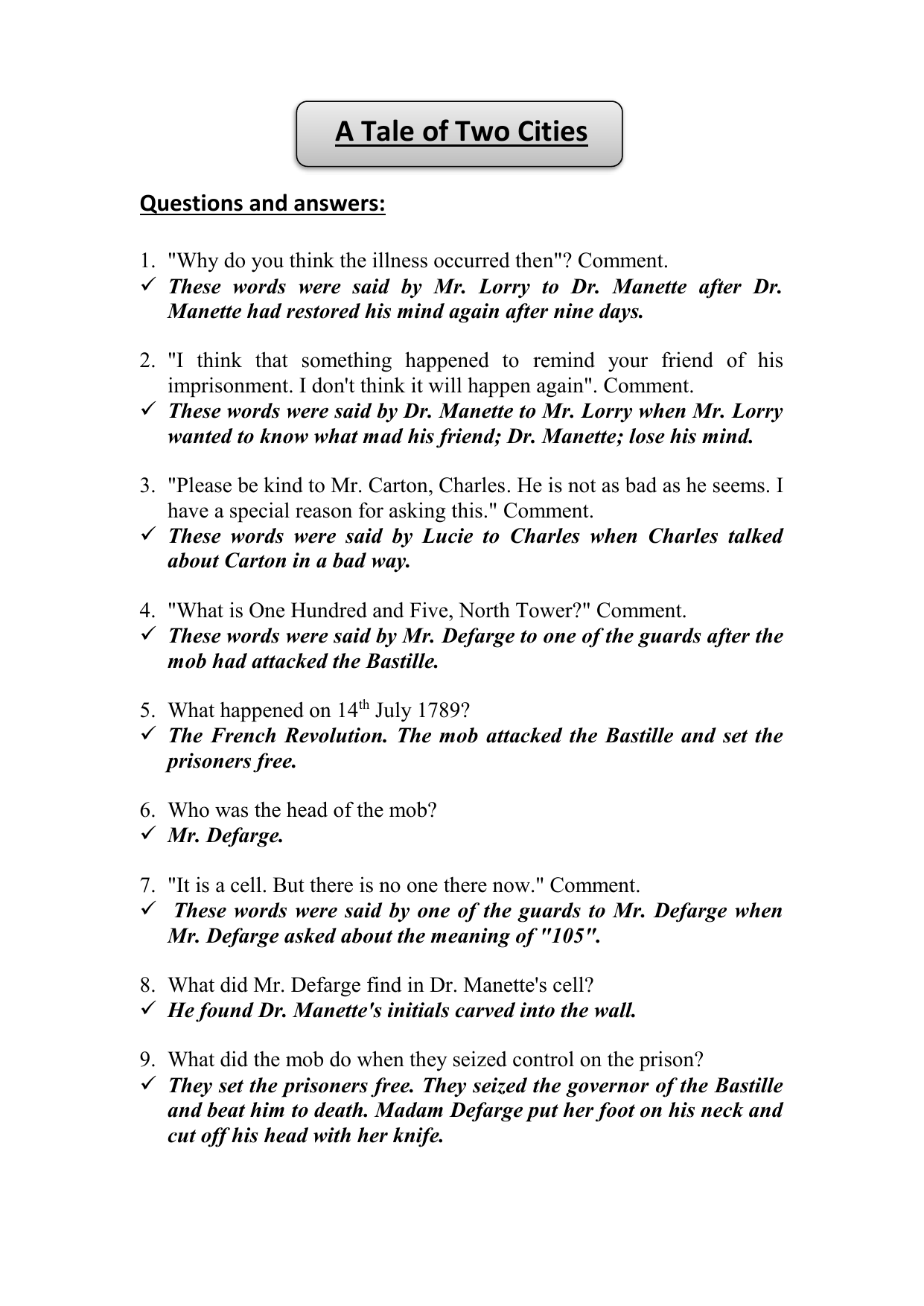 A Tale Of Two Cities Study Guide Questions Answers