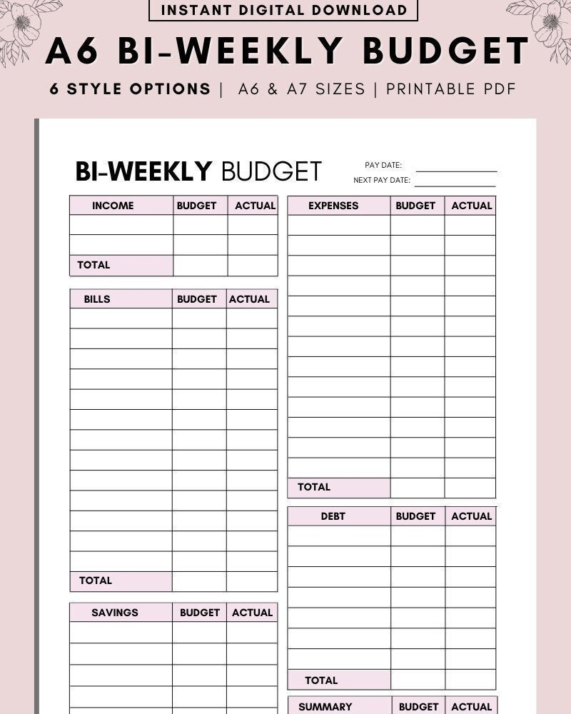 A6 Bi Weekly Budget Template Paycheck Budget Printable PDF Etsy