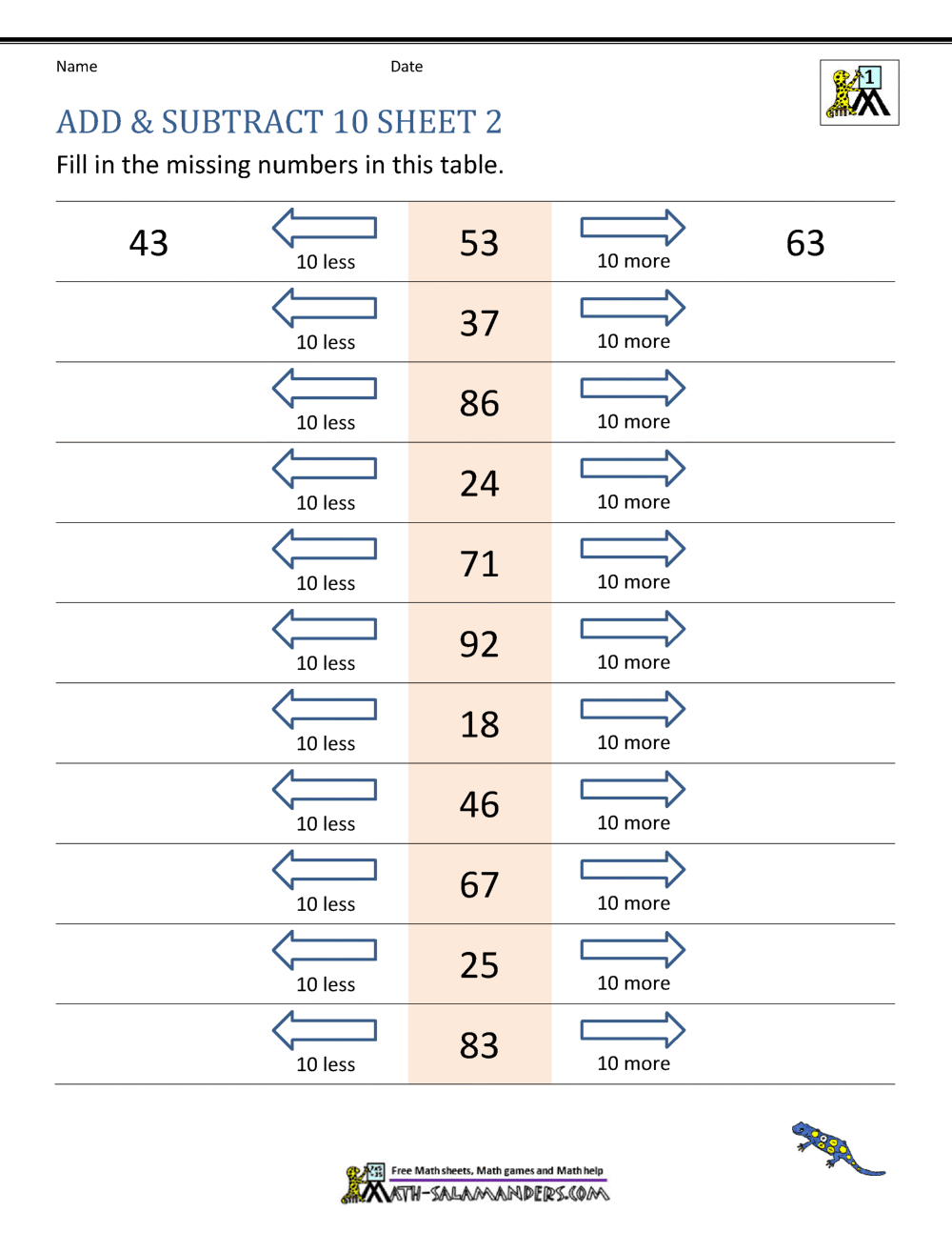 Add And Subtract 10 Worksheet