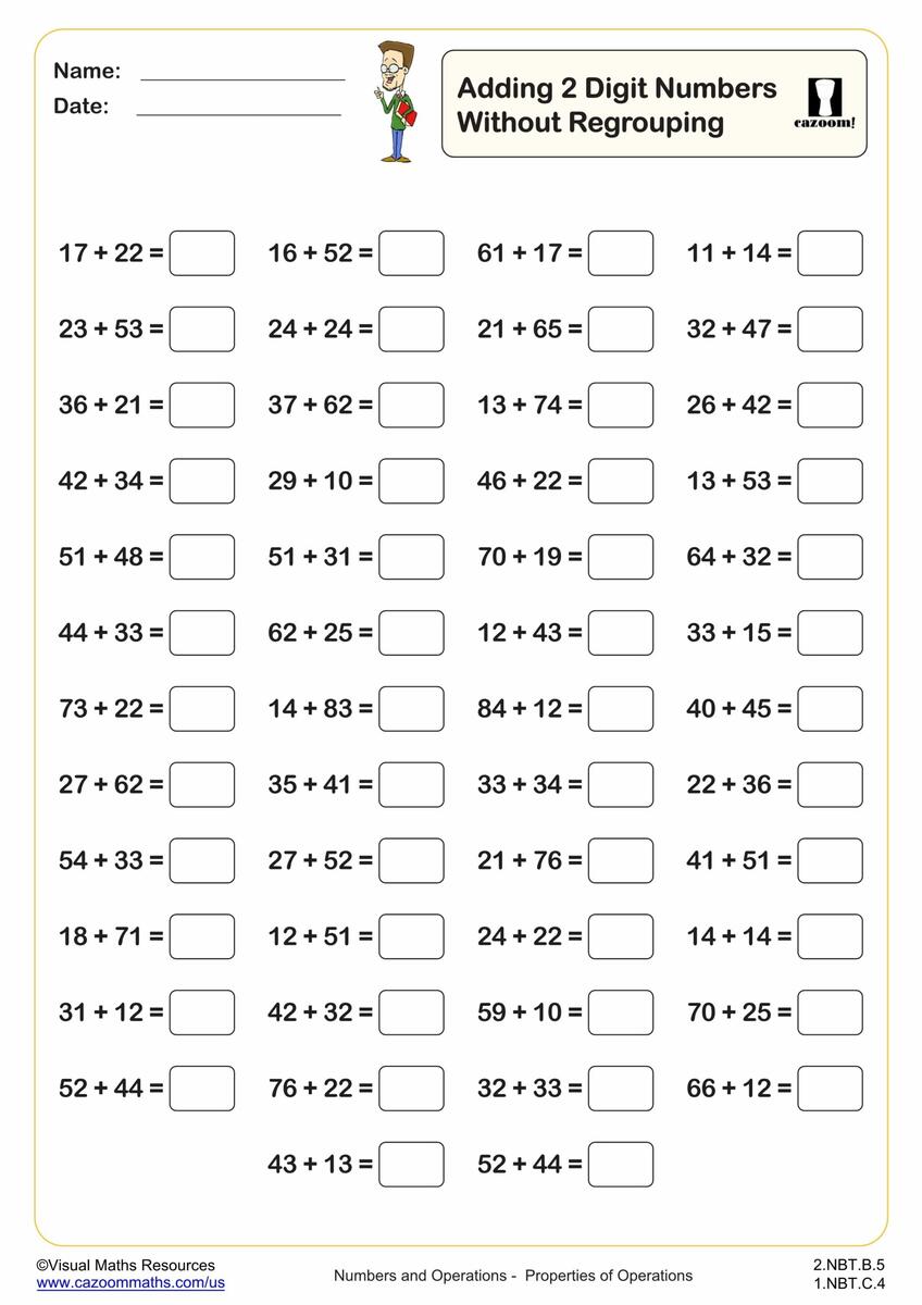 Adding 2 Digit Numbers Without Regrouping 50 Questions Fun And Engaging 2nd Grade PDF Worksheets Cazoom Math