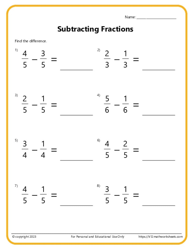 Free Subtracting Fractions With Unlike Denominators Worksheets Teach Prints
