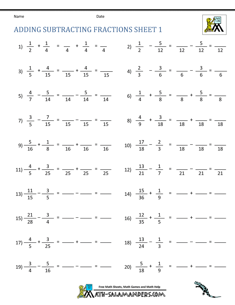 Adding Subtracting Fractions Worksheets Adding Subtracting Fractions Worksheets