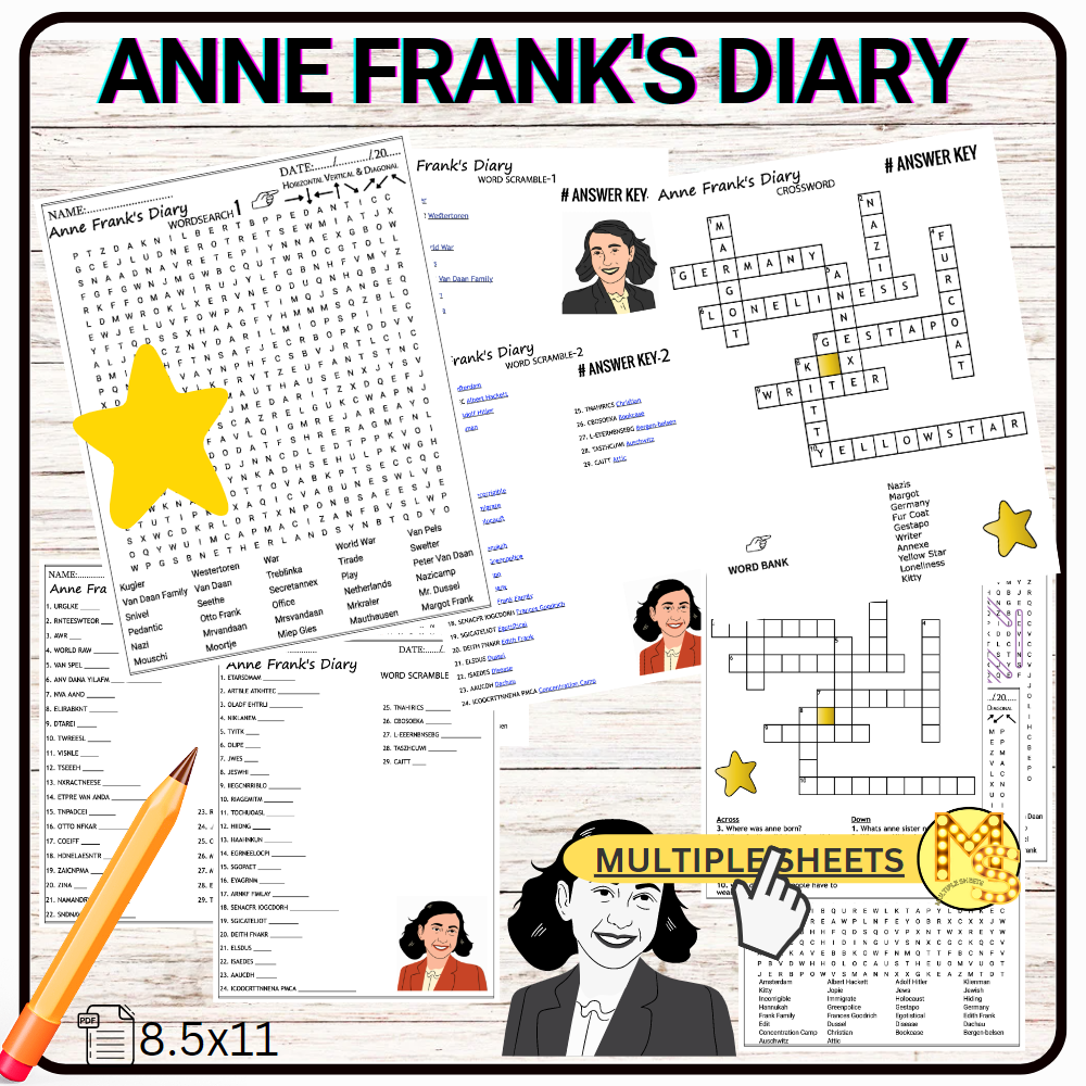 Anne Frank s Diary Novel Worksheets Crossword Word Scramble Wordsearch Quiz Made By Teachers