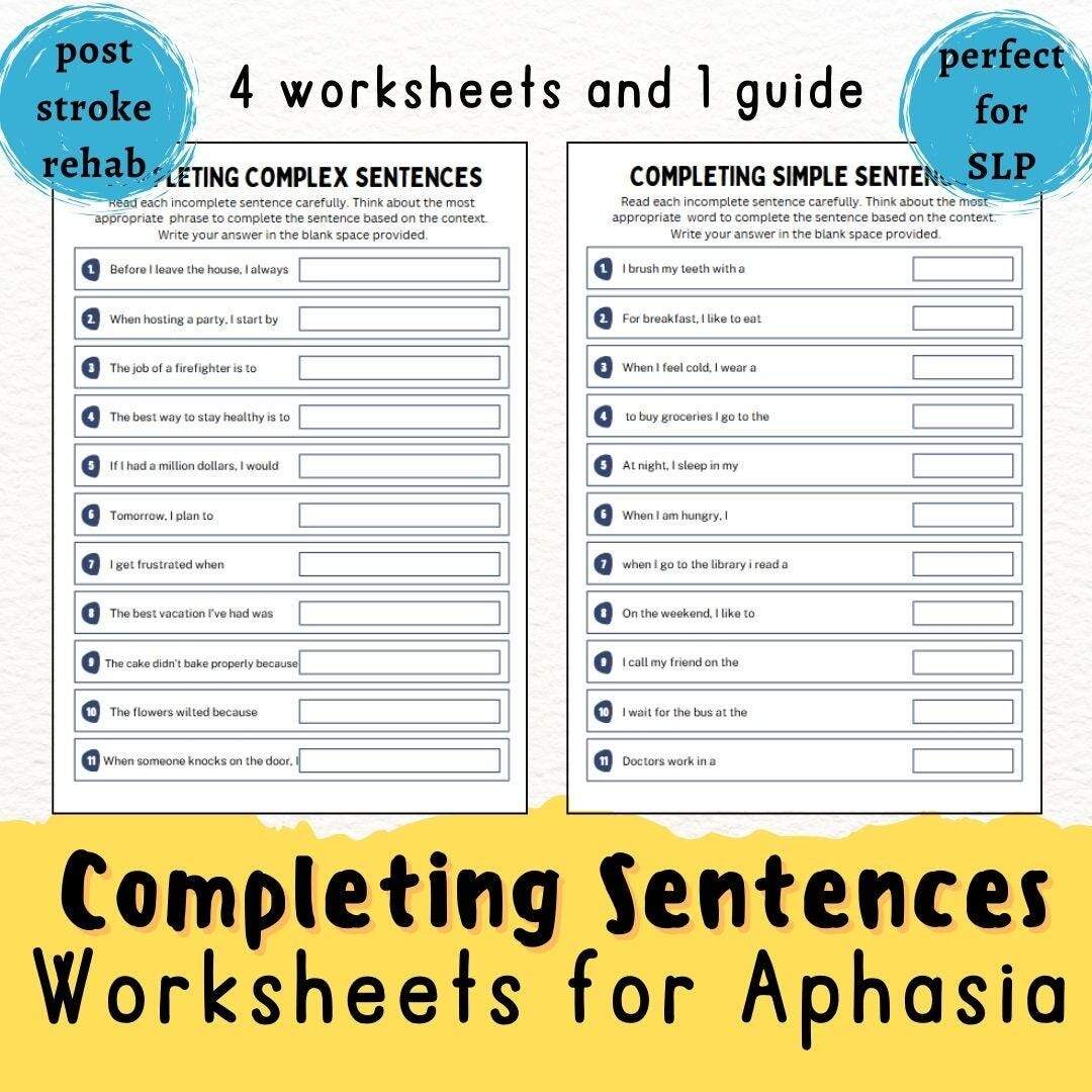 Aphasia Sentence Completion Worksheets Printable Speach Therapy Activity SLP Tools Caregiver Guide Stroke Rehabilitation Brain Exercise Etsy Stroke Speech Therapy Worksheet Editable Fillable Printable PDF Etsy
