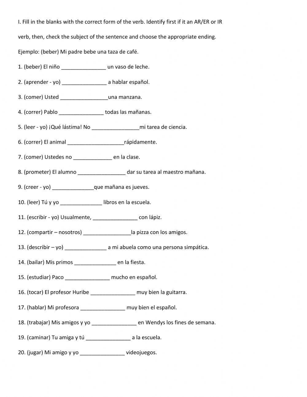 Spanish AR ER IR Regular Verbs Activities Worksheets Library