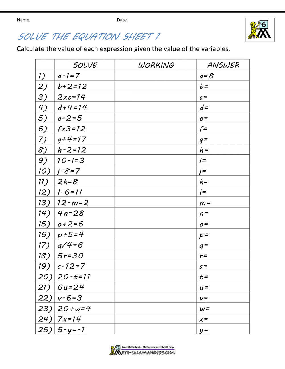 Basic Algebra Worksheets Basic Algebra Worksheets