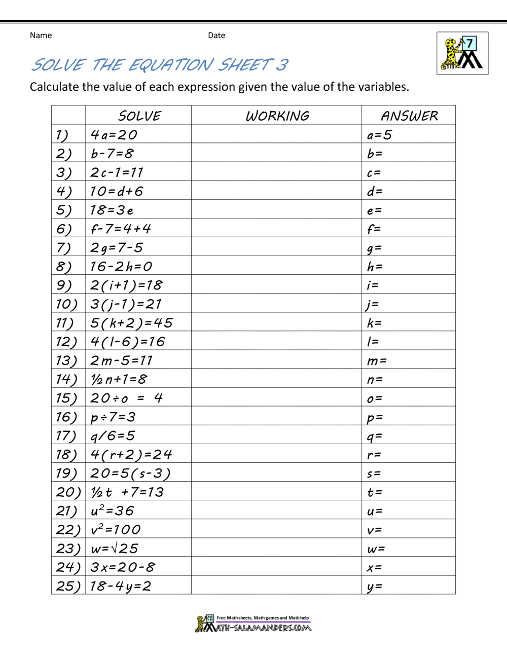 Evaluating Algebraic Expressions Worksheet One Variable Pre Algebra Made By Teachers