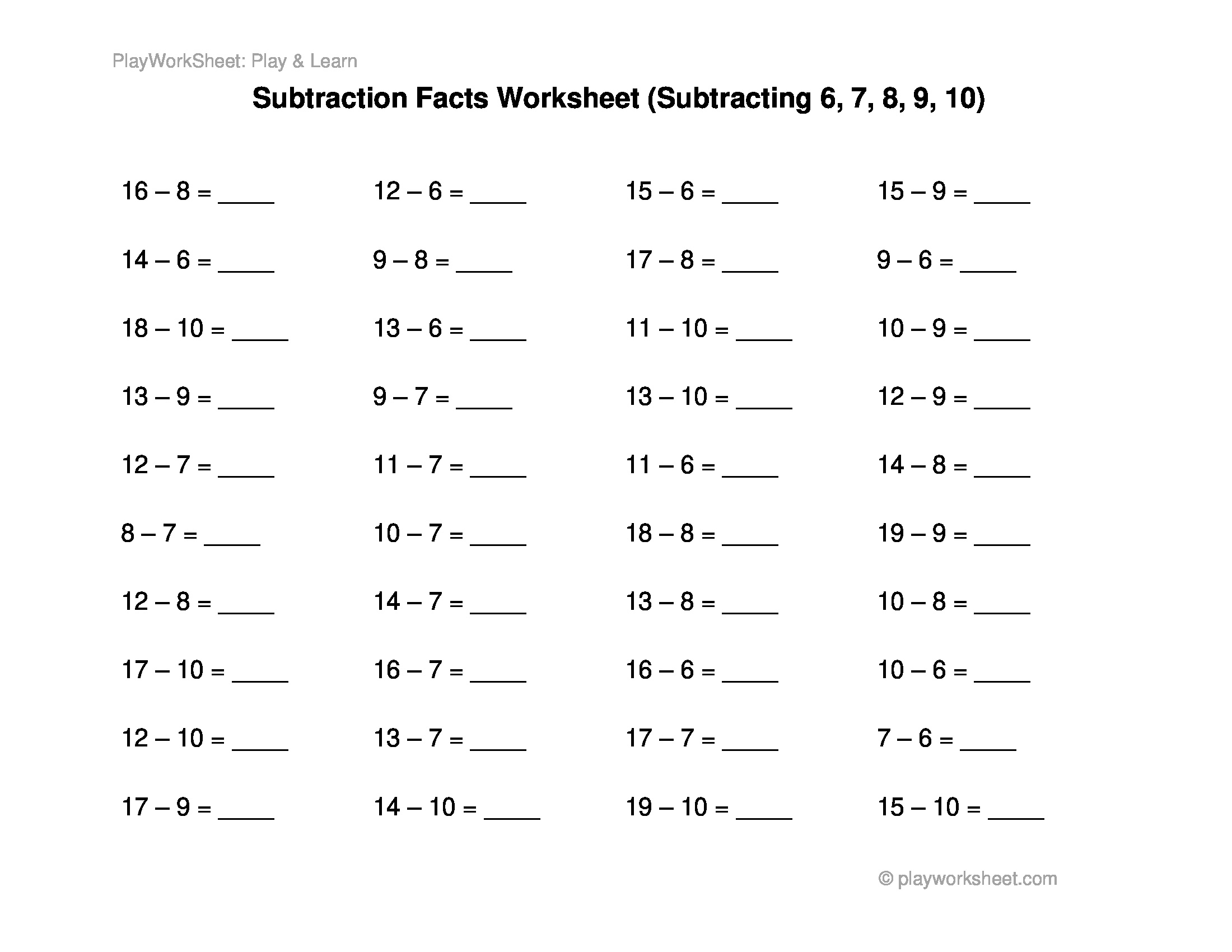 Basic Subtraction Facts Worksheet Subtracting 6 7 8 9 And 10 Free Printables For Kids Basic Subtraction Facts Worksheet Subtracting 6 7 8 9 And 10 Free Printables For Kids