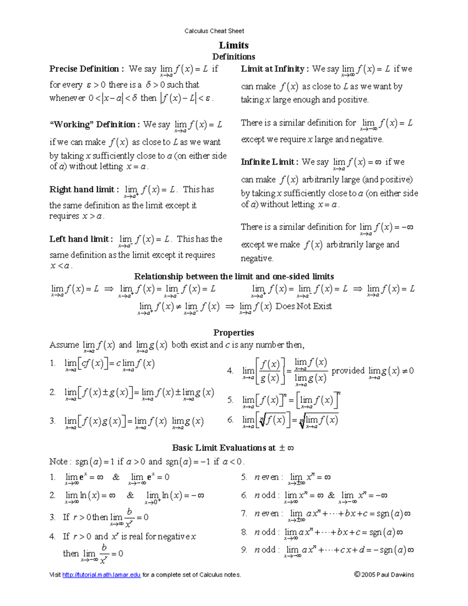 Calculus 101 Comprehensive Cheat Sheet For Limits Integrals Studocu Calculus 101 Comprehensive Cheat Sheet For Limits Integrals Studocu