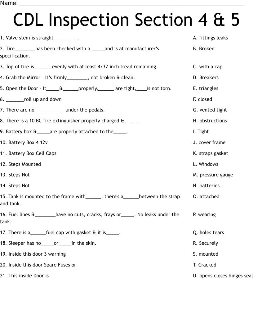 CDL Inspection Section 4 5 Worksheet WordMint