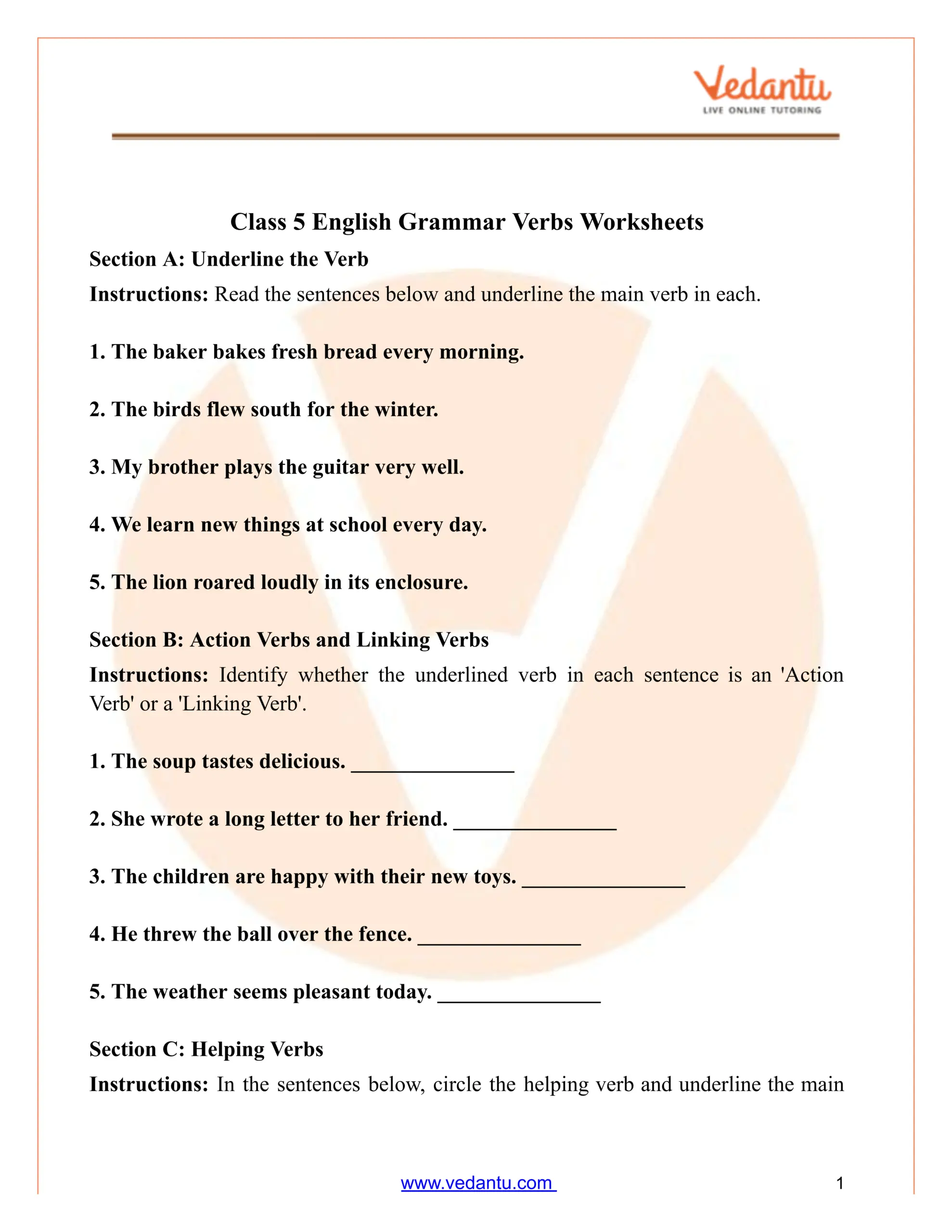 Class 5 English Grammar Verbs Worksheet PDF Free Practice Answers