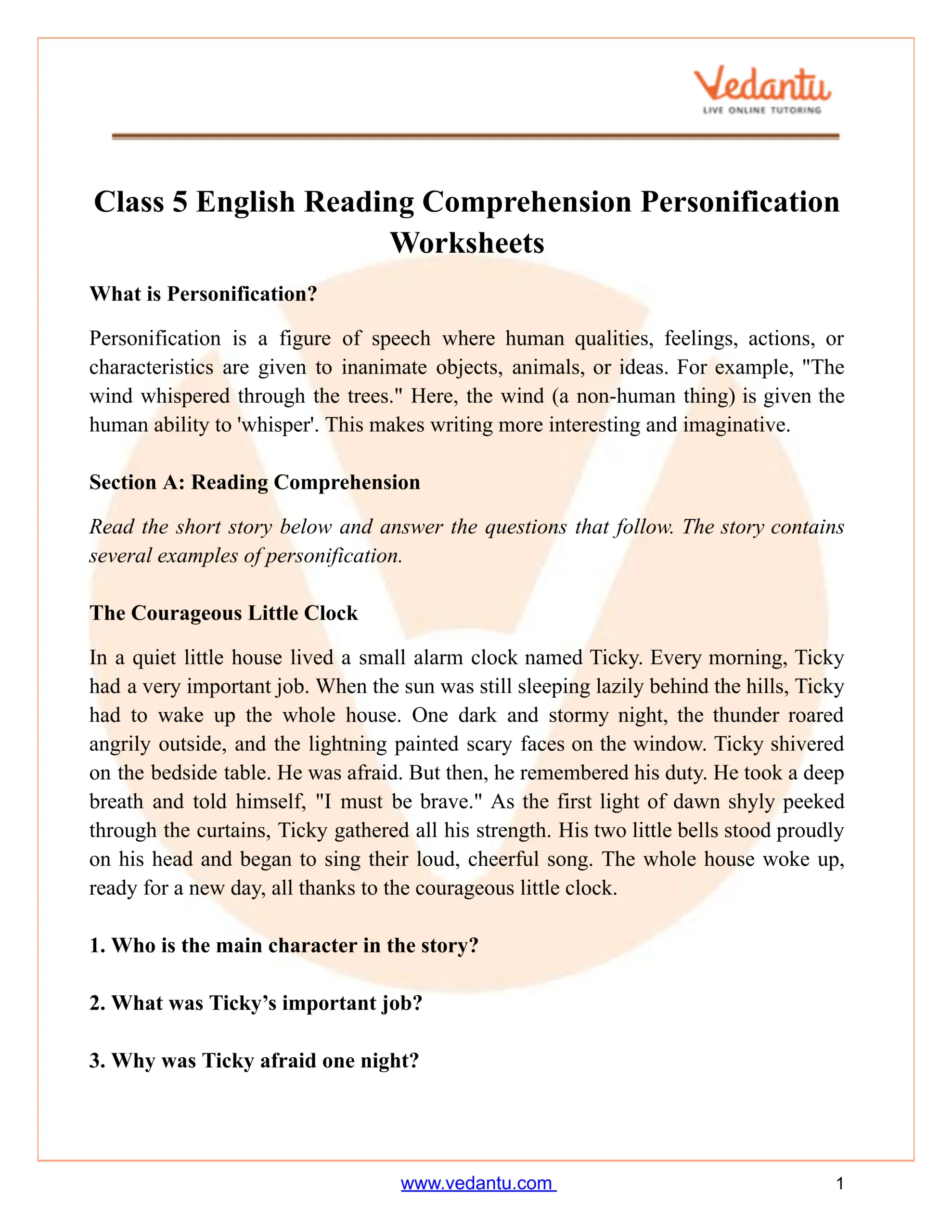 Class 5 Personification Worksheet PDF Reading Comprehension Practice Class 5 Personification Worksheet PDF Reading Comprehension Practice
