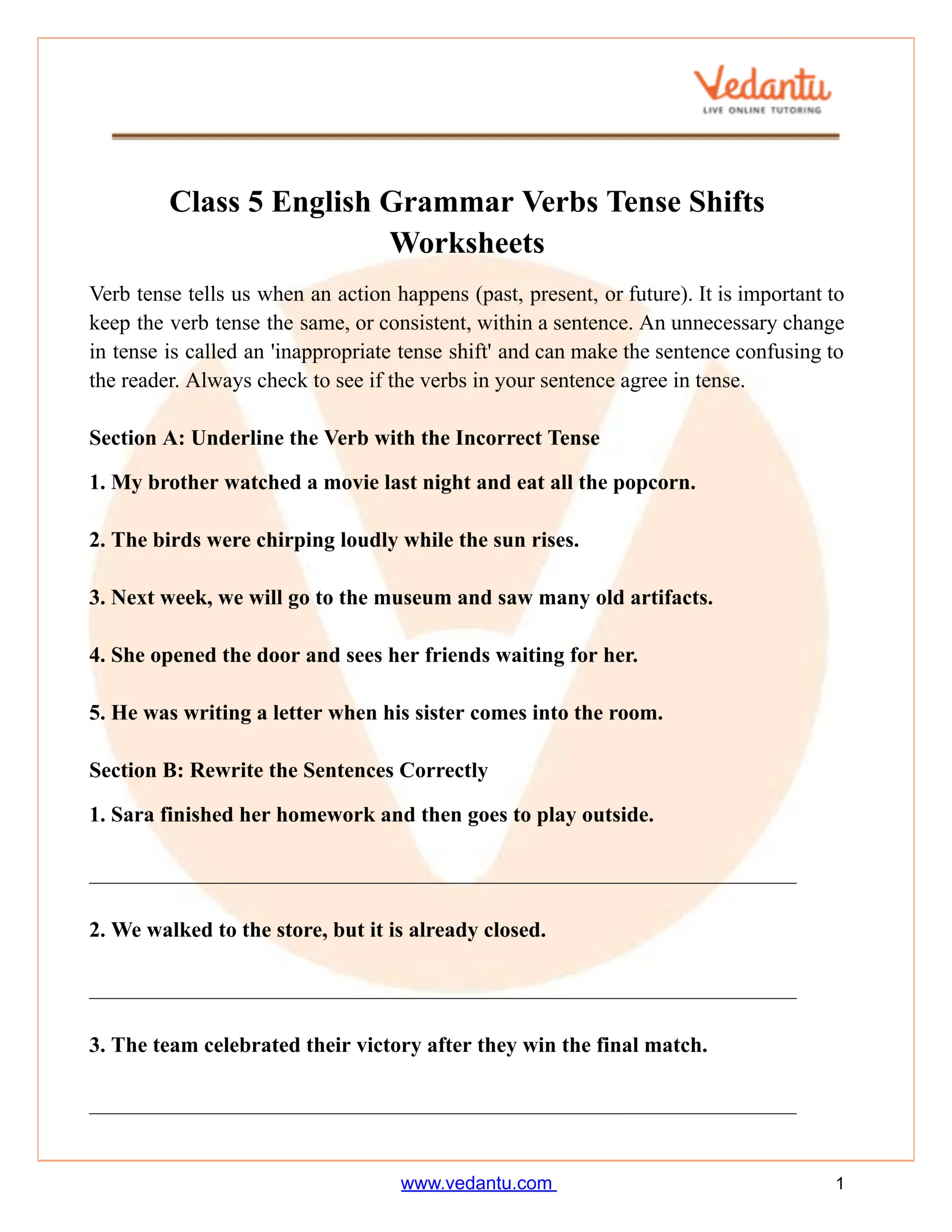 Class 5 Verb Tense Shift Worksheet With Answers PDF