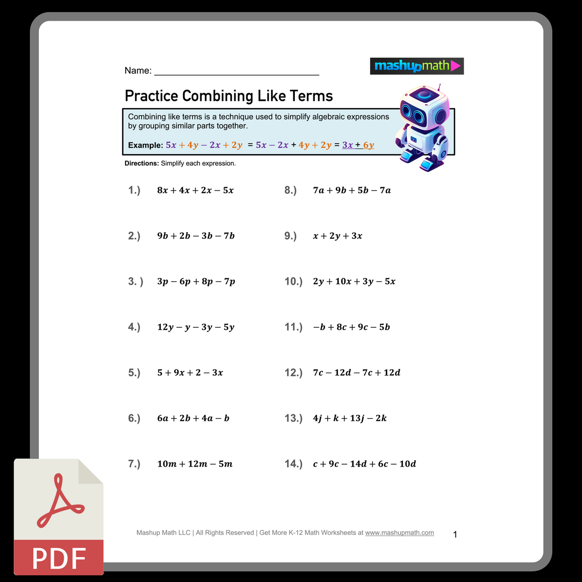 Combining Like Terms Worksheets Printable With Answers Mashup Math Free Custom Combining Like Terms Worksheet Templates Canva