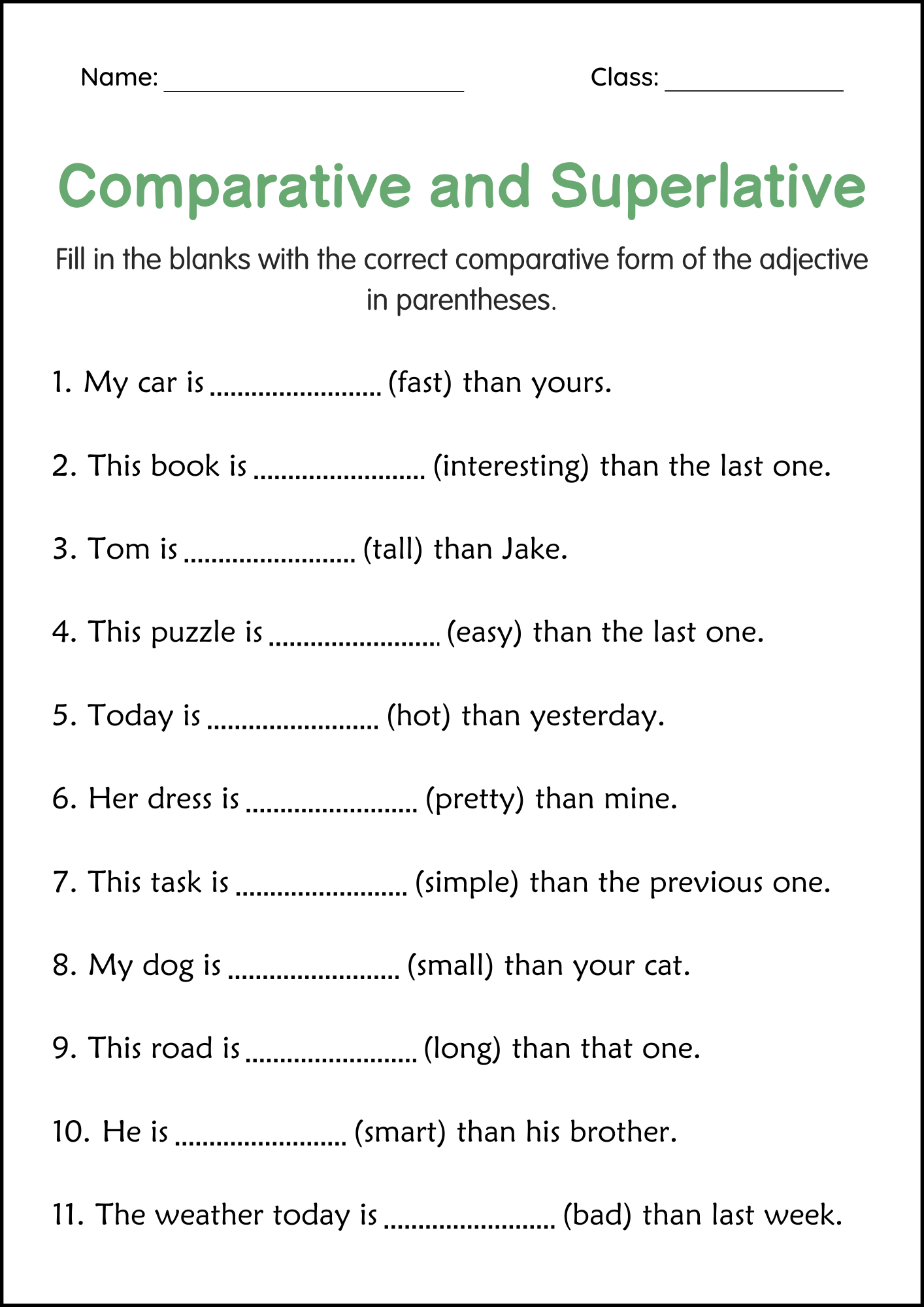 Comparative And Superlative Adjectives Grammar Worksheets For Grade 3 Made By Teachers