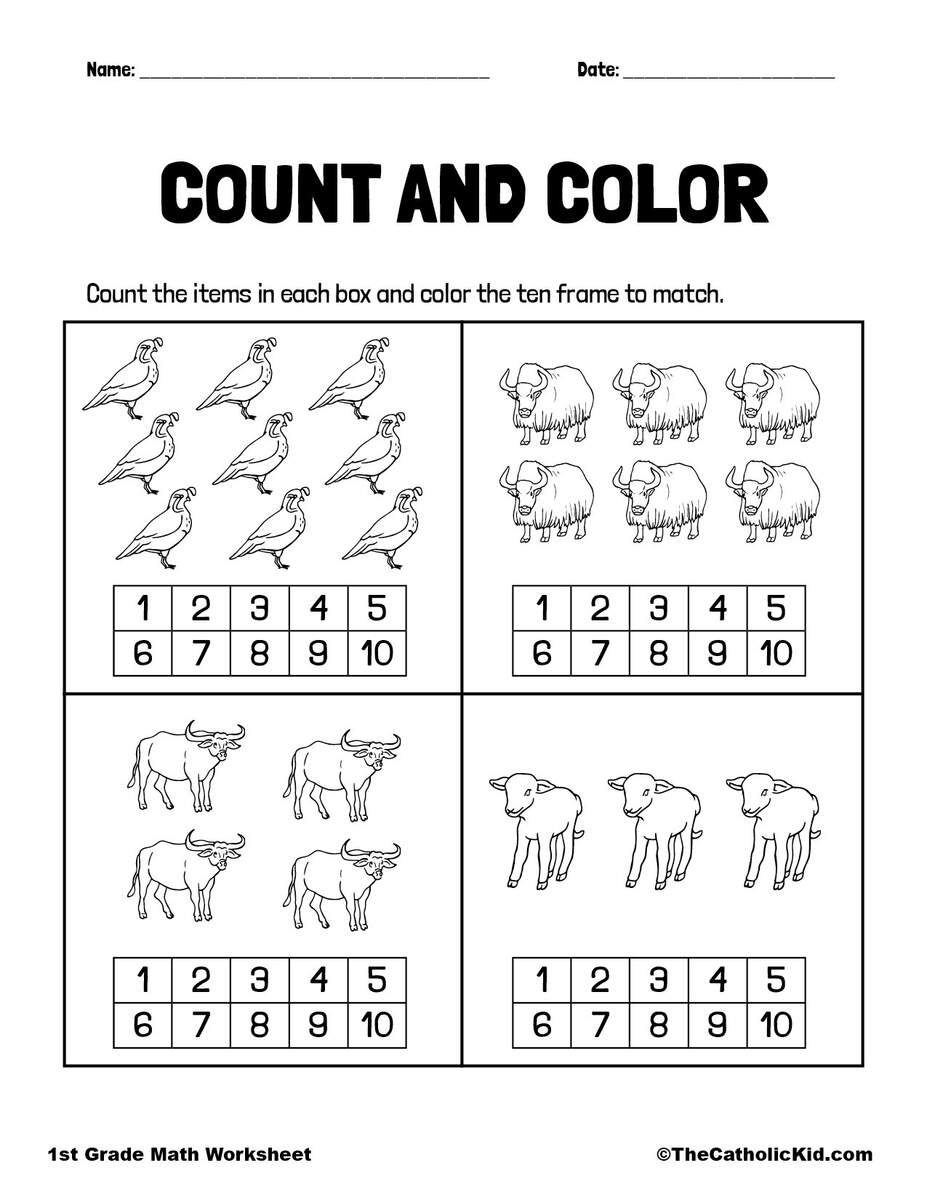 Count Color The Ten Frame 1st Grade Math Worksheet Catholic