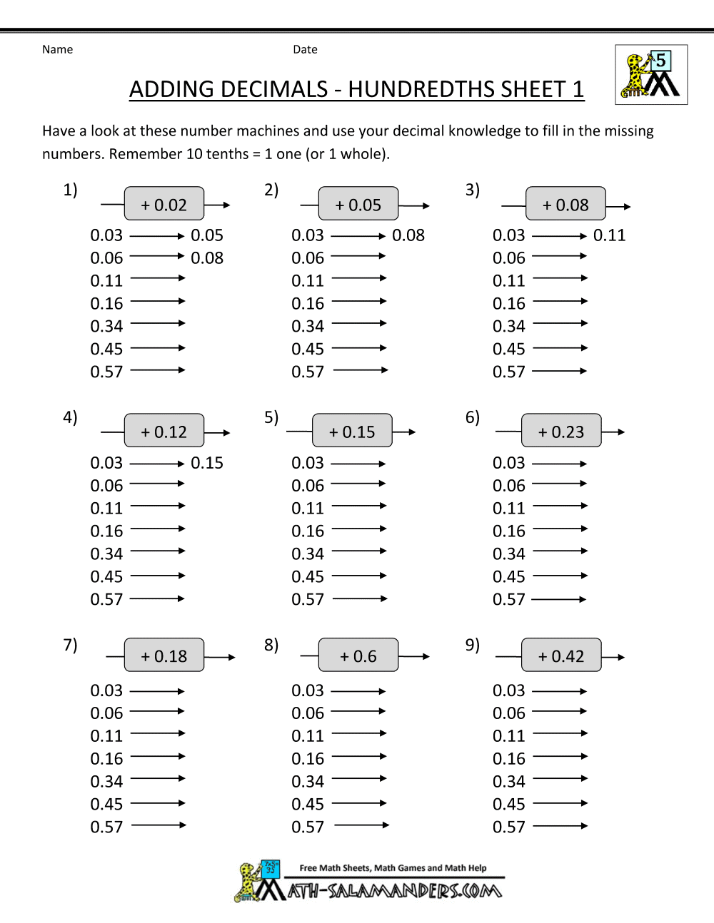 Decimal Addition Worksheets 5th Grade
