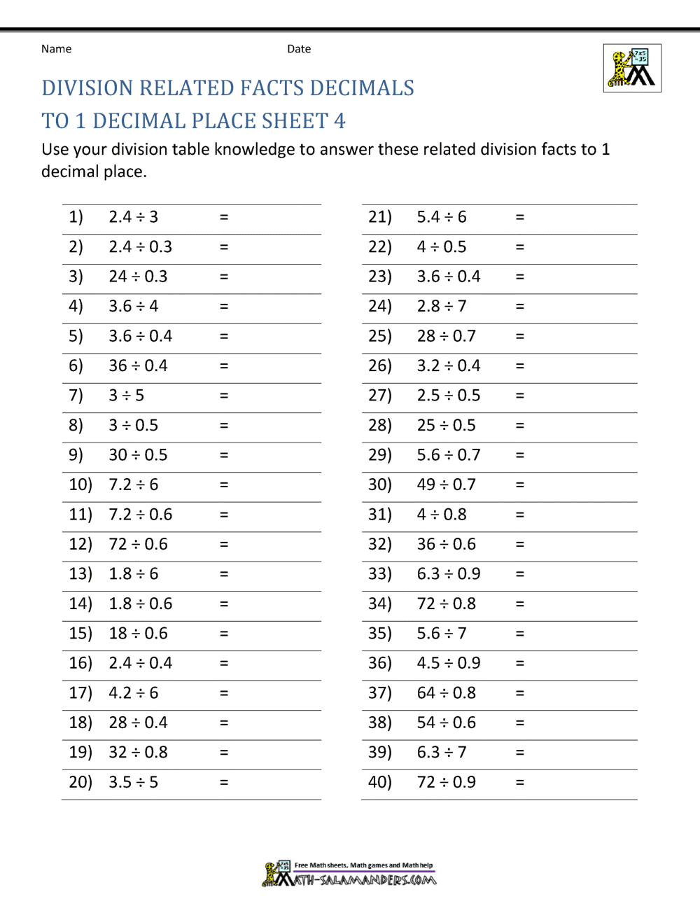 Division Of Decimal Numbers Worksheets