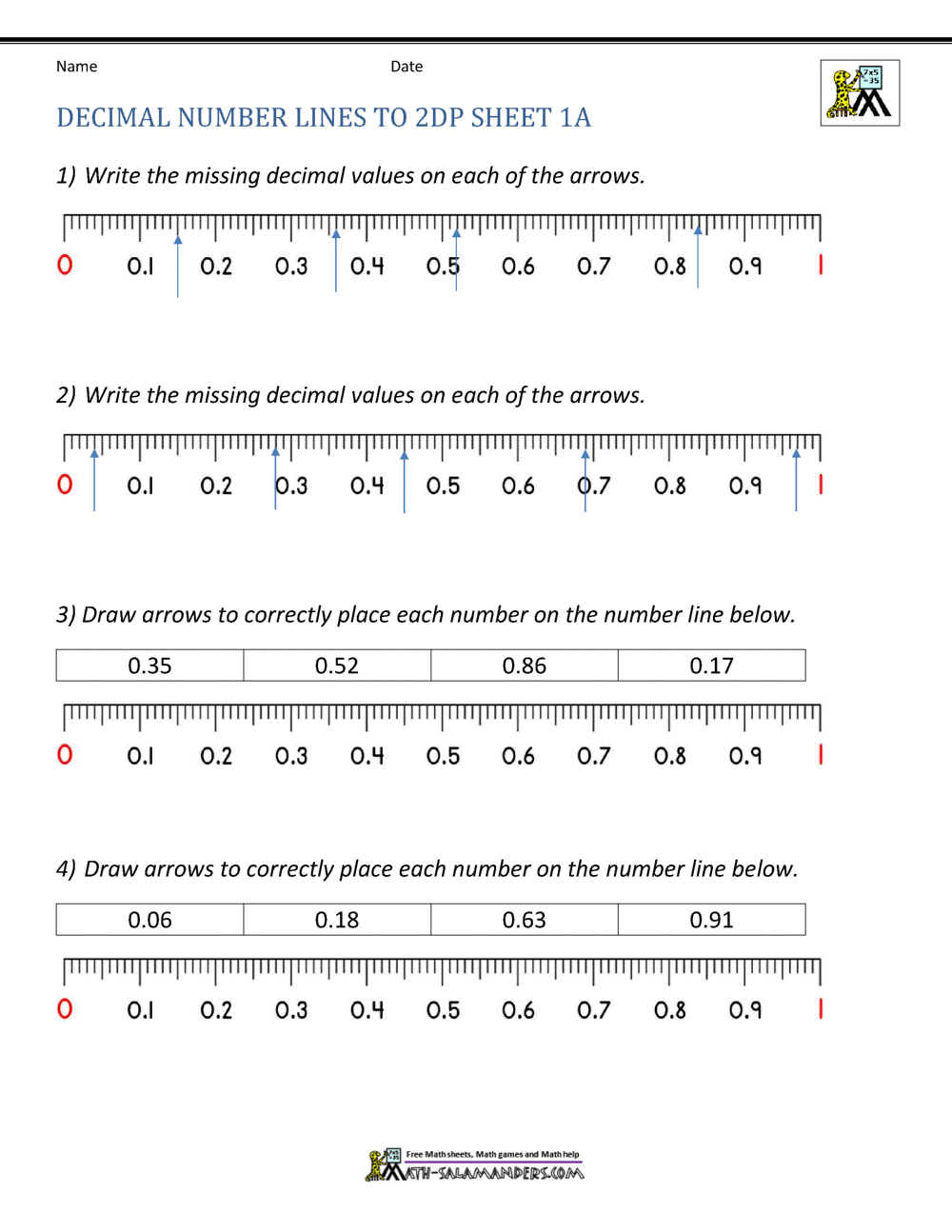 Decimal Number Line Worksheets Decimal Number Line Worksheets