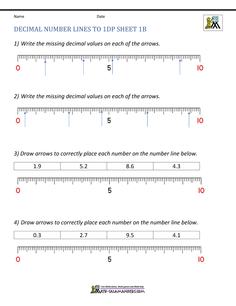 Decimal Number Line Worksheets Decimal Number Line Worksheets