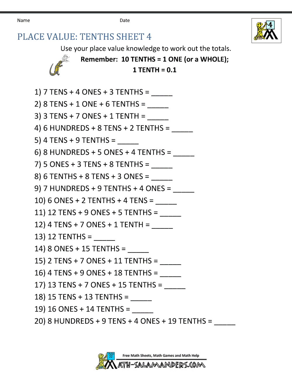 Decimal Place Value Worksheets 4th Grade