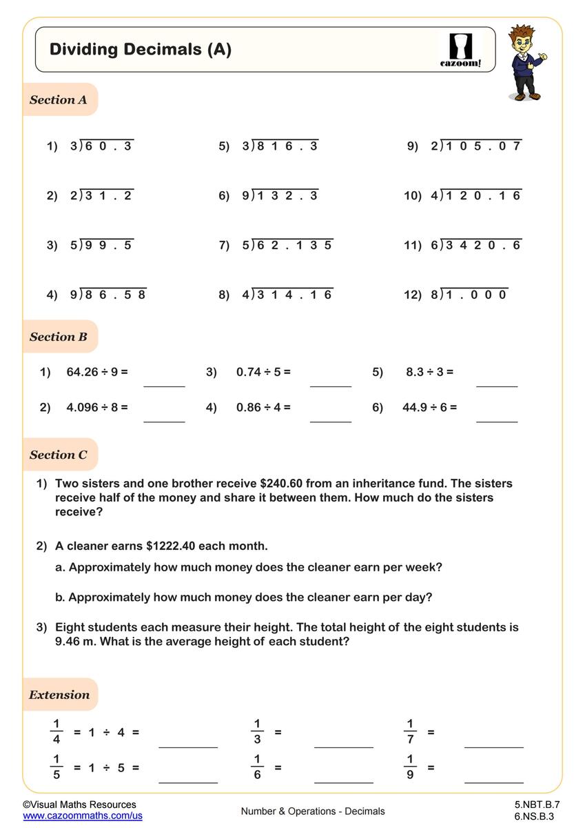 Dividing Decimals A Worksheet 5th Grade PDF Worksheets Cazoom Math