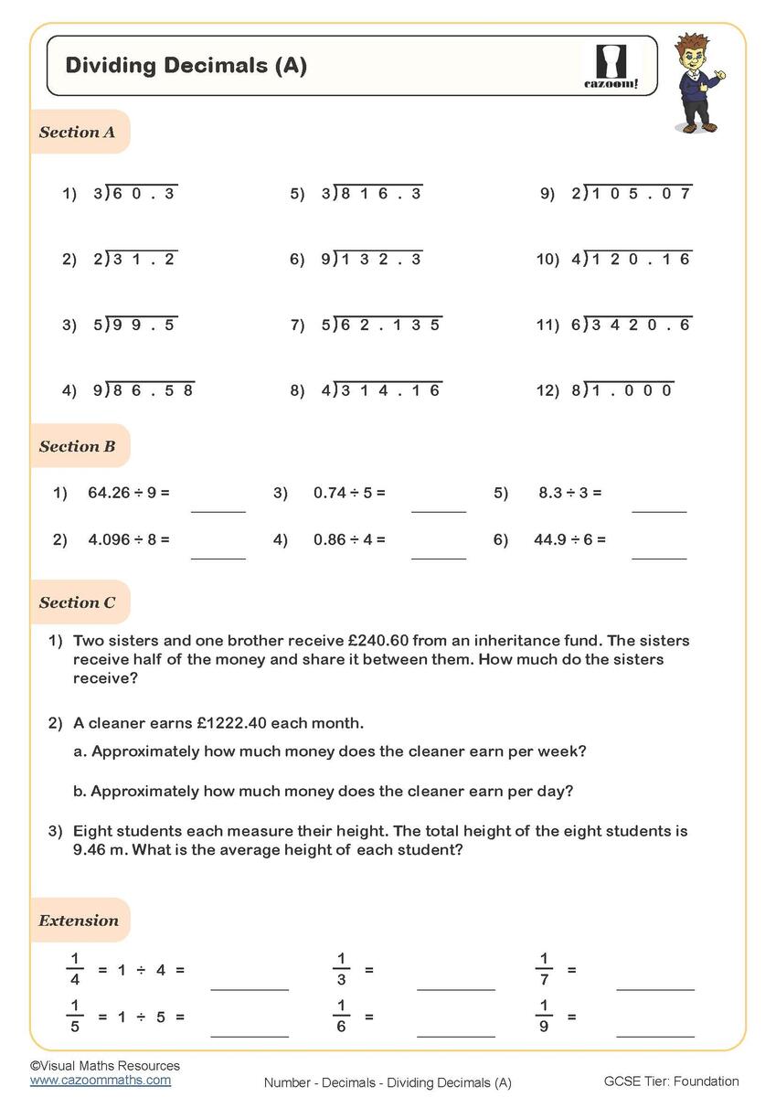 Dividing Decimals PDF Printable Worksheet