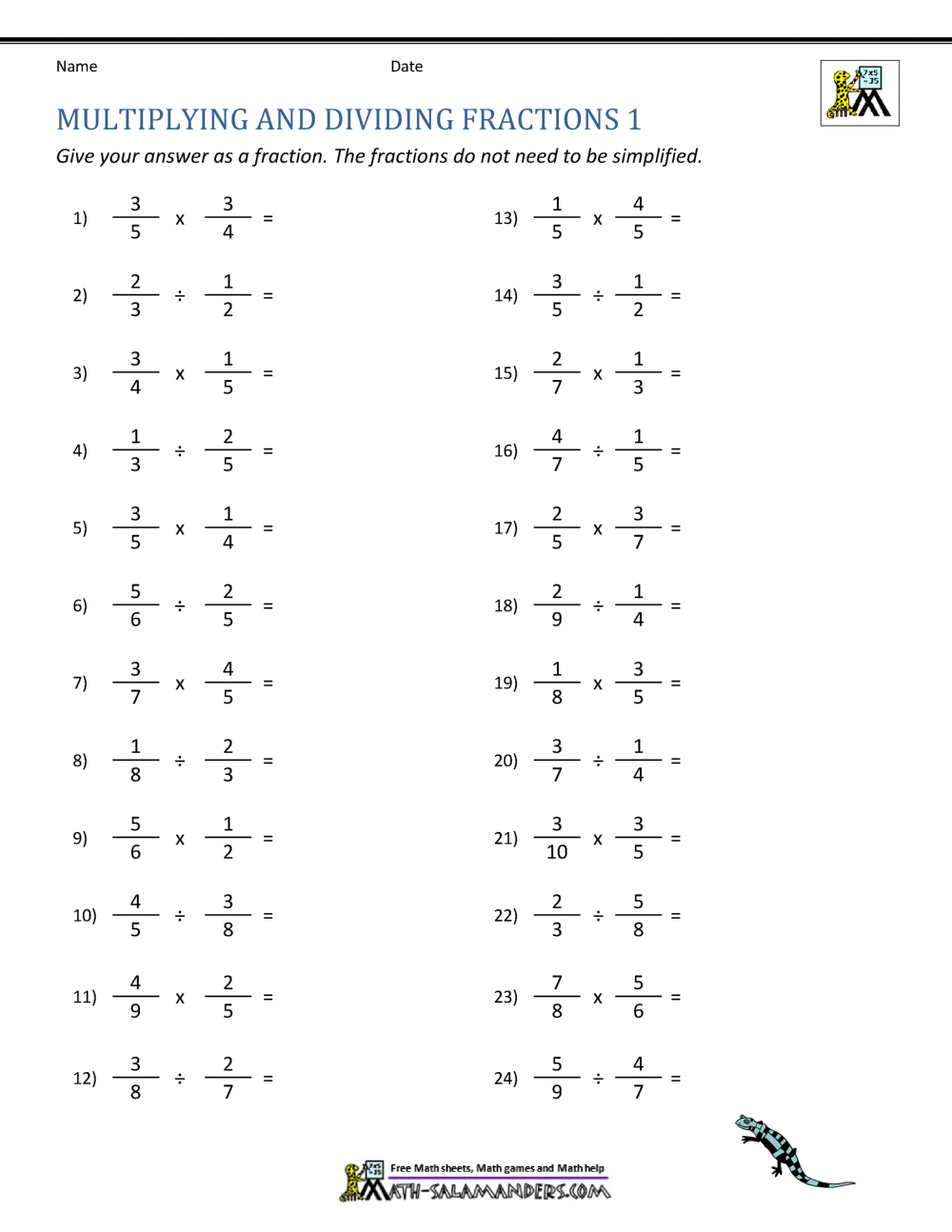Dividing Fractions Worksheet Multiplying And Dividing Fractions Worksheet Printable PDF Worksheets