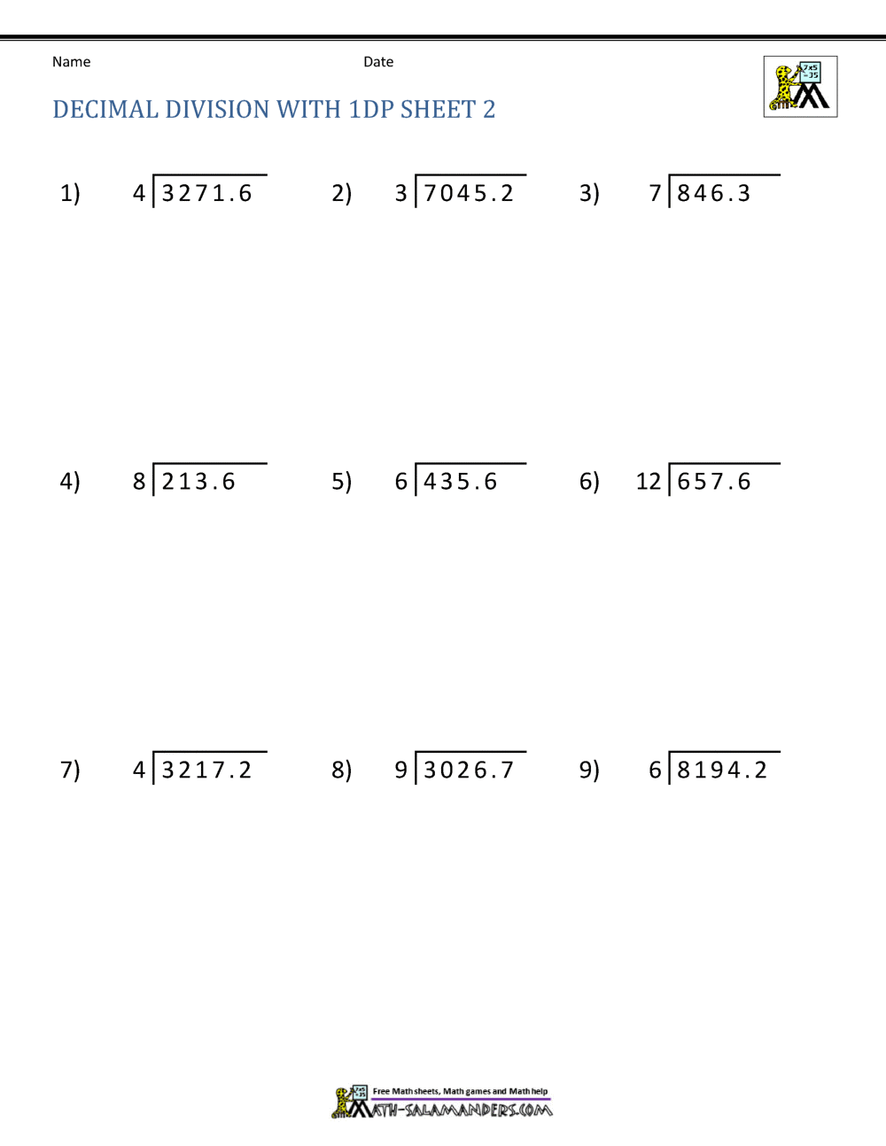 Division Of Decimal Numbers Worksheets