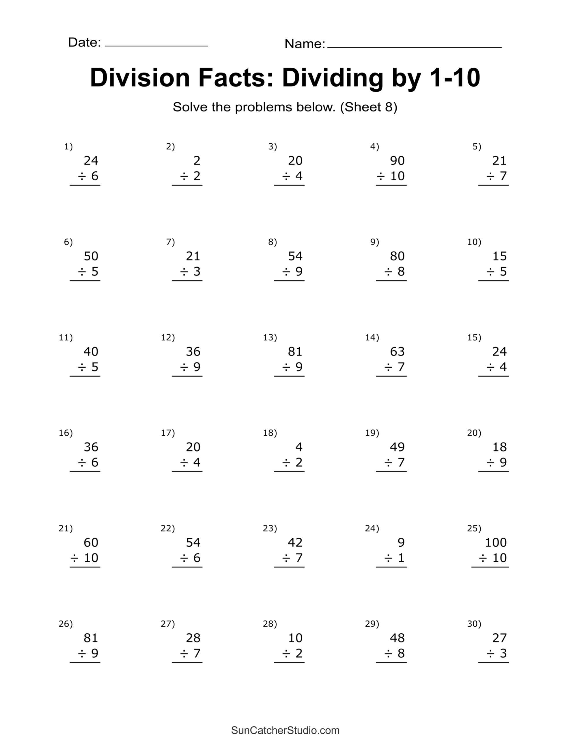 Division Facts Worksheets