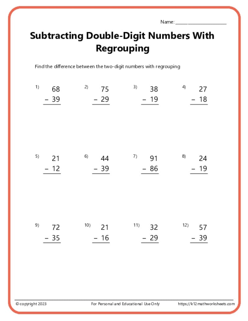 2 Digit Subtraction With Regrouping Number Math Worksheets For Grade 1 2 3 Made By Teachers