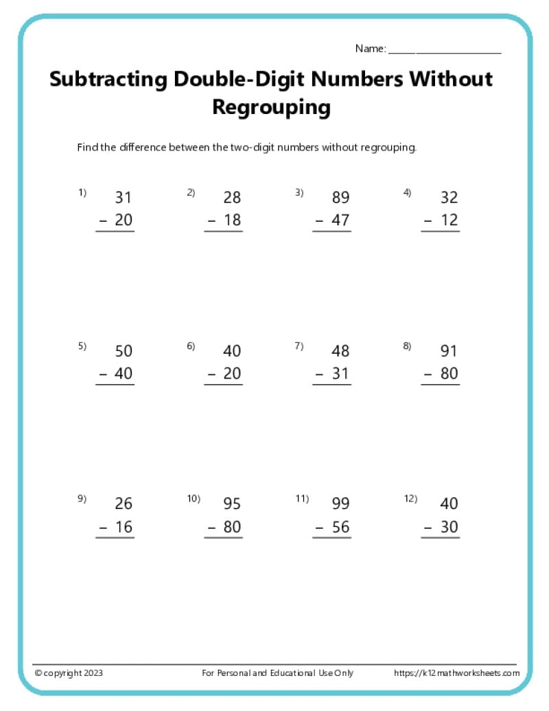 Double Digit Subtraction Without Regrouping K12 Math Worksheets Double Digit Subtraction Superstar Worksheets