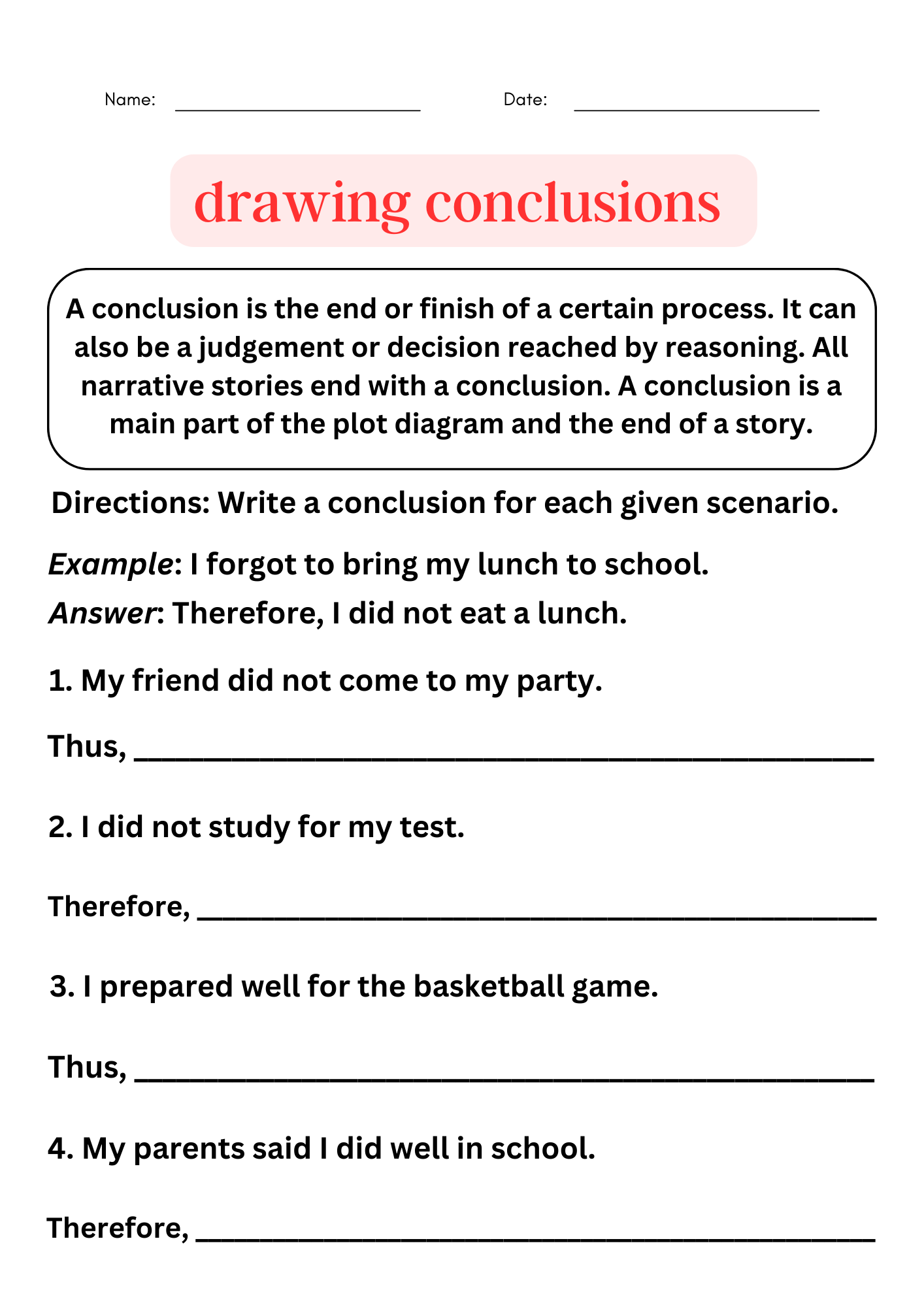 Drawing Conclusions Examples With Answers Writing Conclusion Worksheet Made By Teachers Drawing Conclusions Worksheets Storyboard That